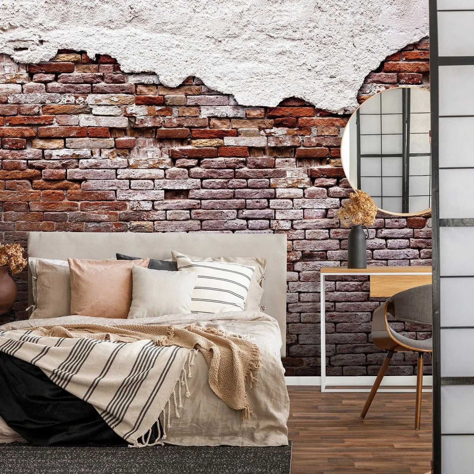 Billede 6 af Fototapet - Rød murstensmur med afskallet hvid puds