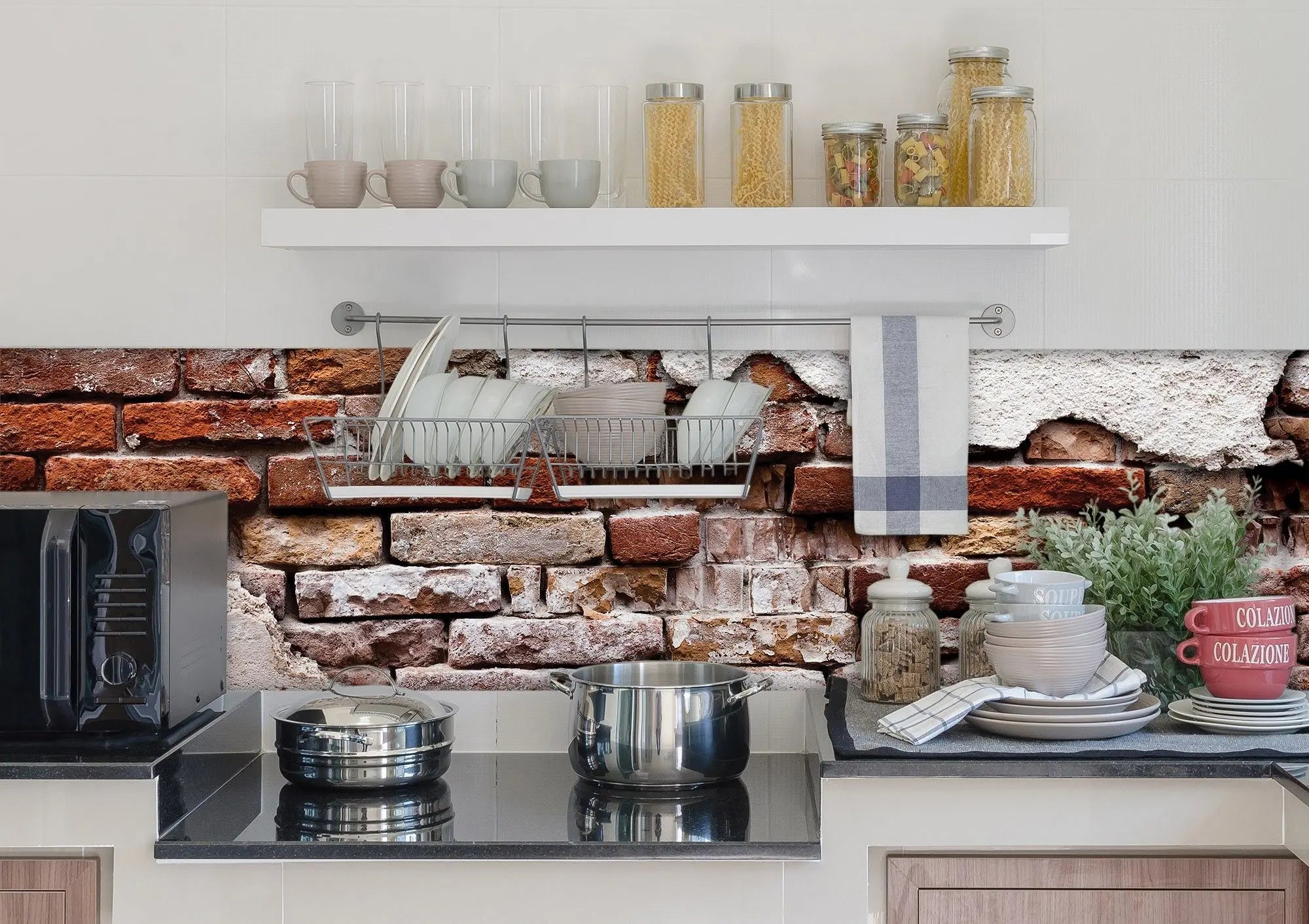 Billede 8 af Fototapet - Rød murstensmur med afskallet hvid puds