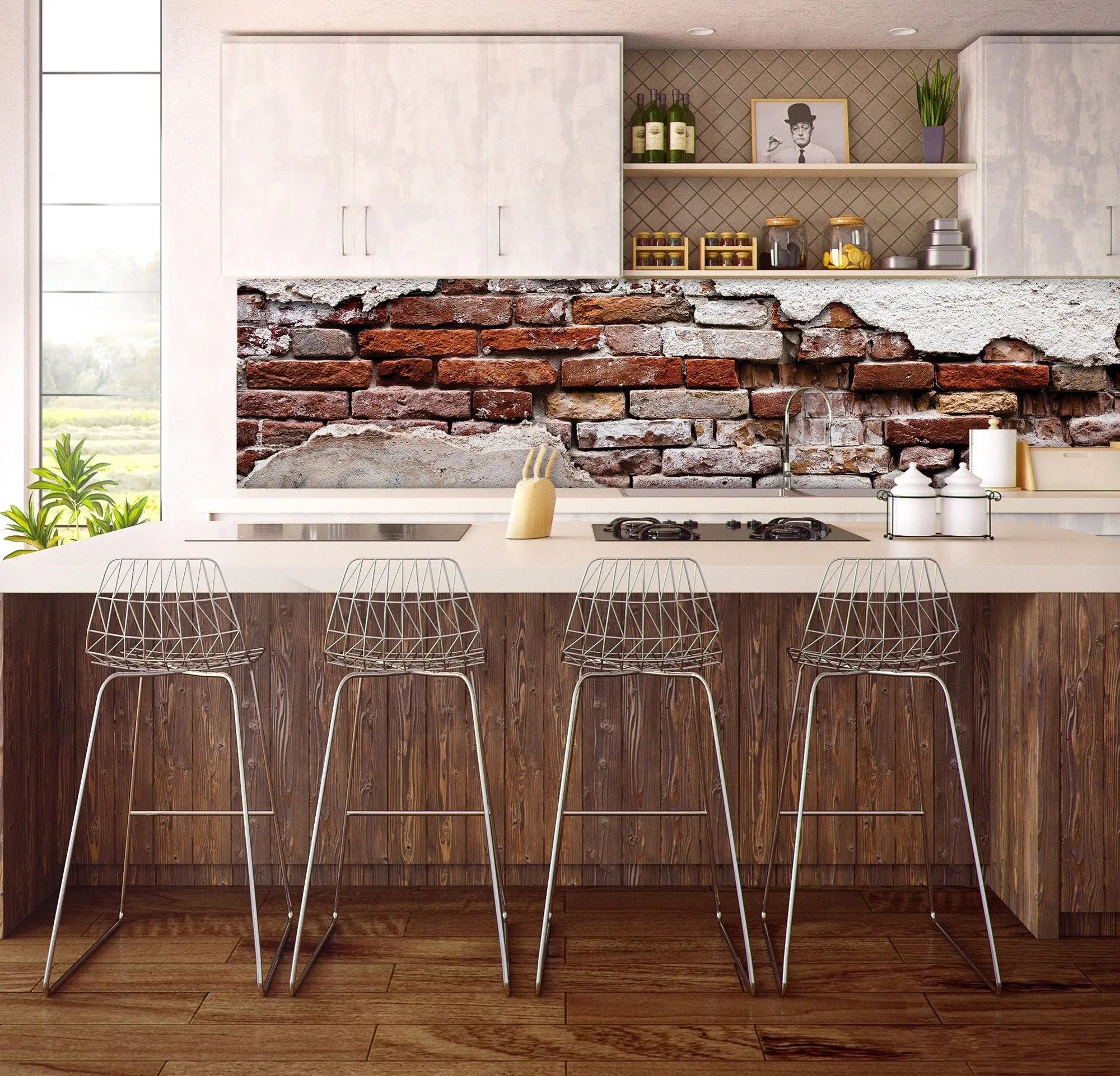 Billede 9 af Fototapet - Rød murstensmur med afskallet hvid puds