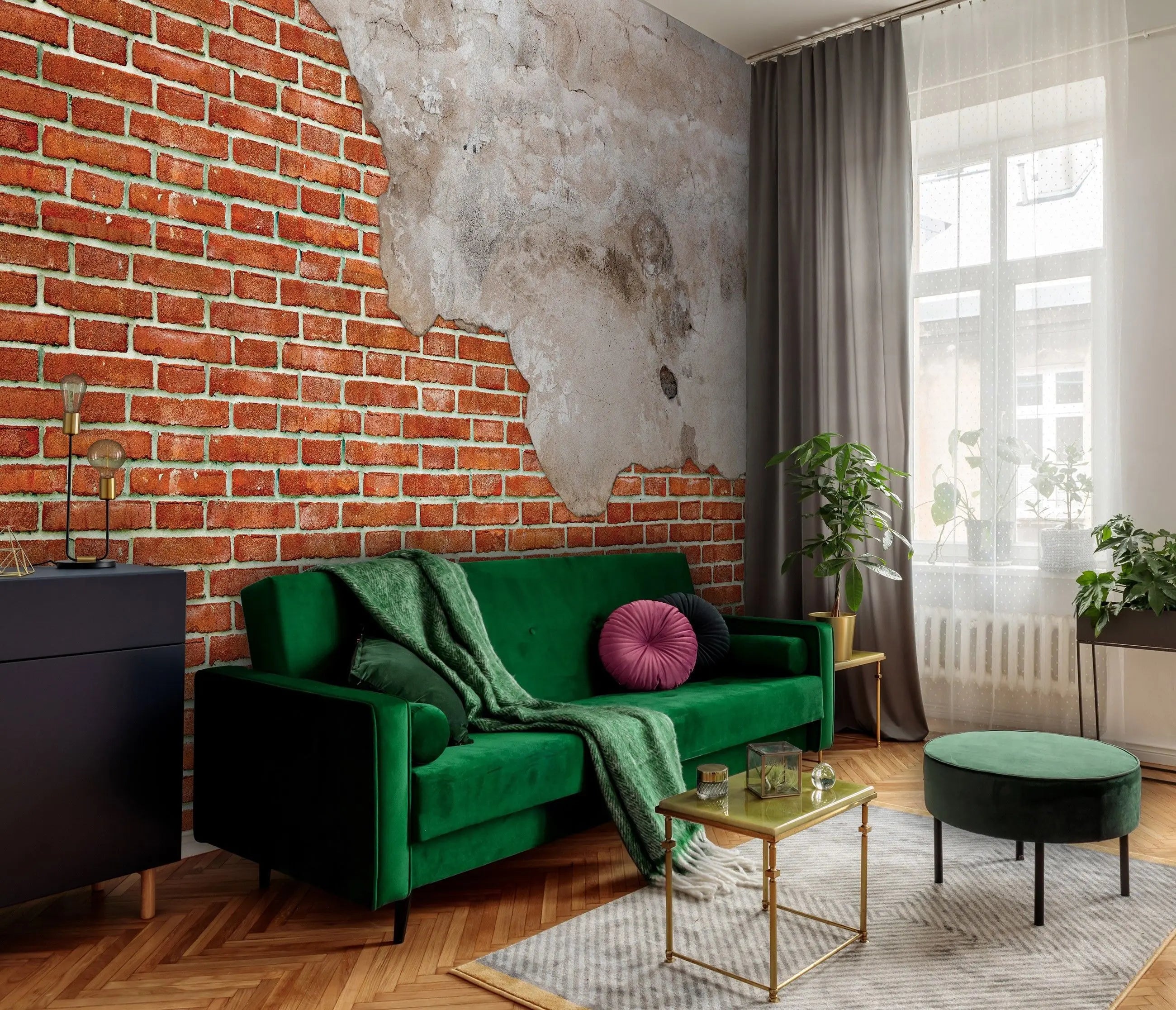 Billede 10 af Fototapet - Rød murstensvæg med afskallet puds