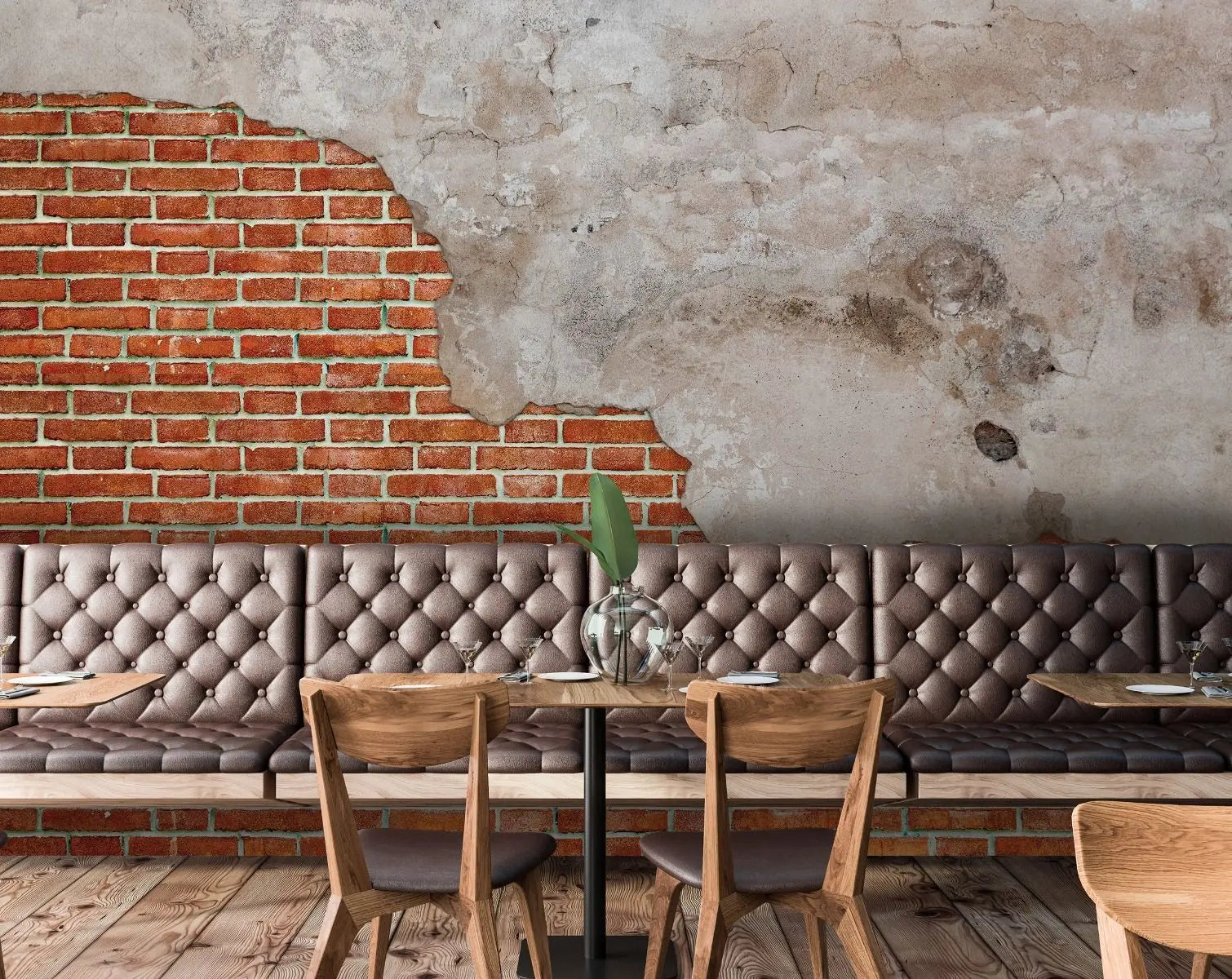 Billede 2 af Fototapet - Rød murstensvæg med afskallet puds