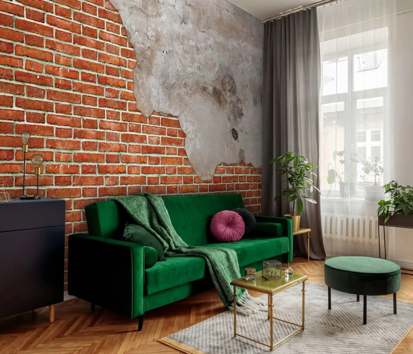 Billede 3 af Fototapet - Rød murstensvæg med afskallet puds