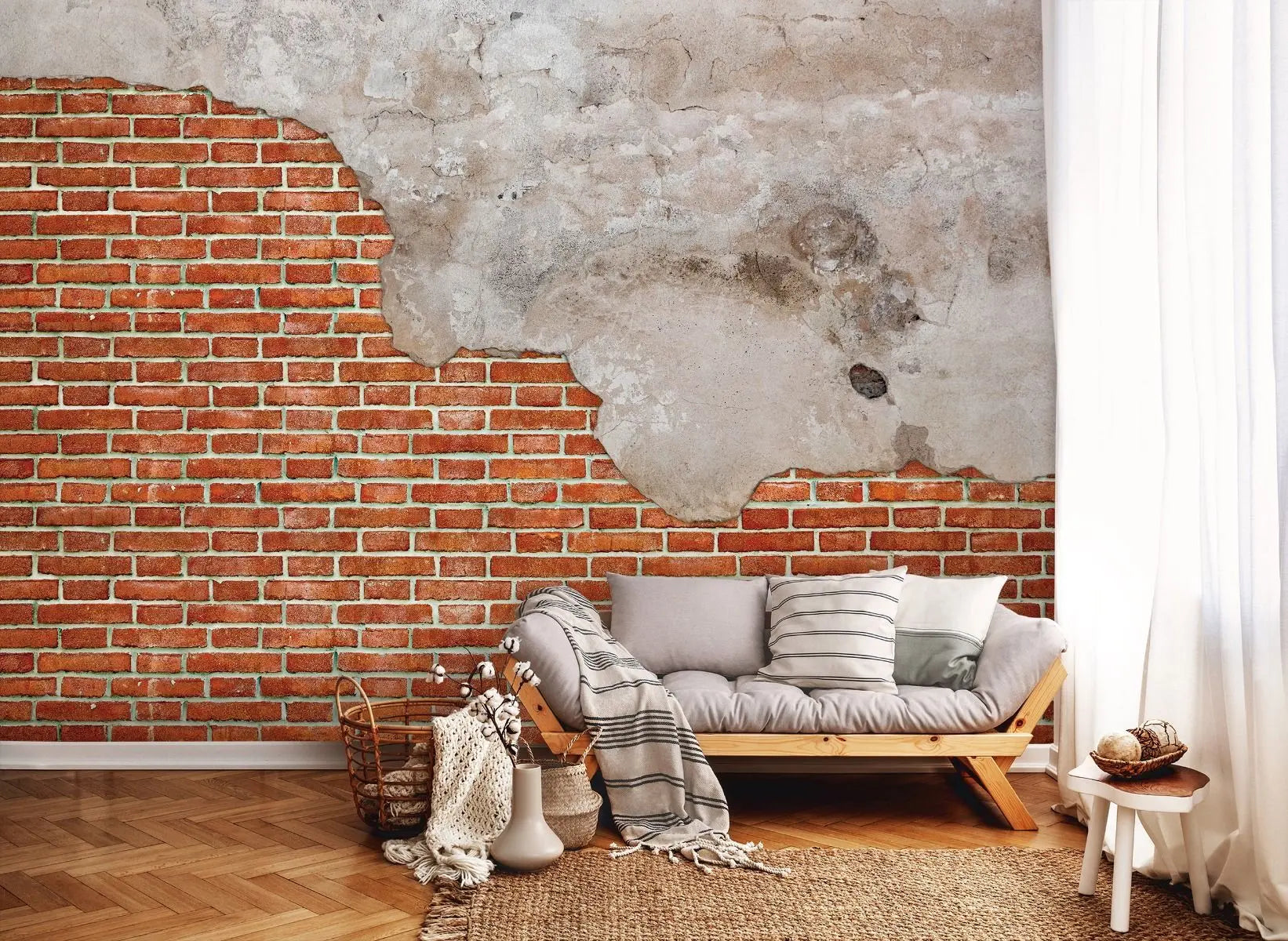 Billede 4 af Fototapet - Rød murstensvæg med afskallet puds