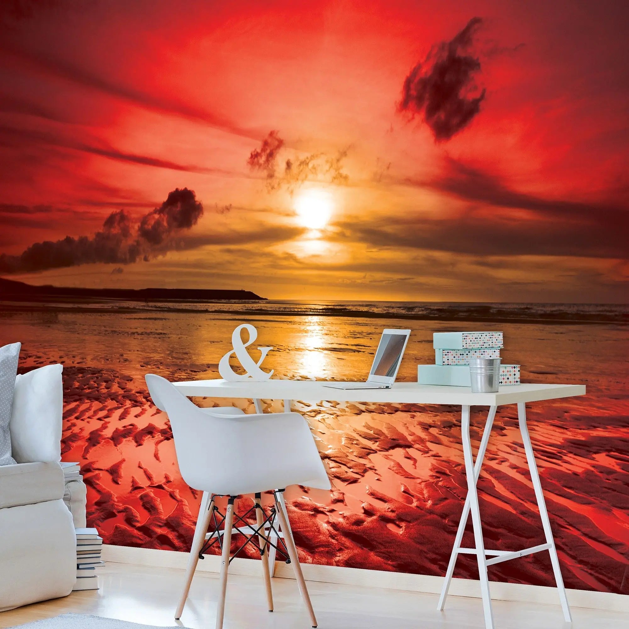 Billede 3 af Fototapet - Rød solnedgang over strand med vandpytter