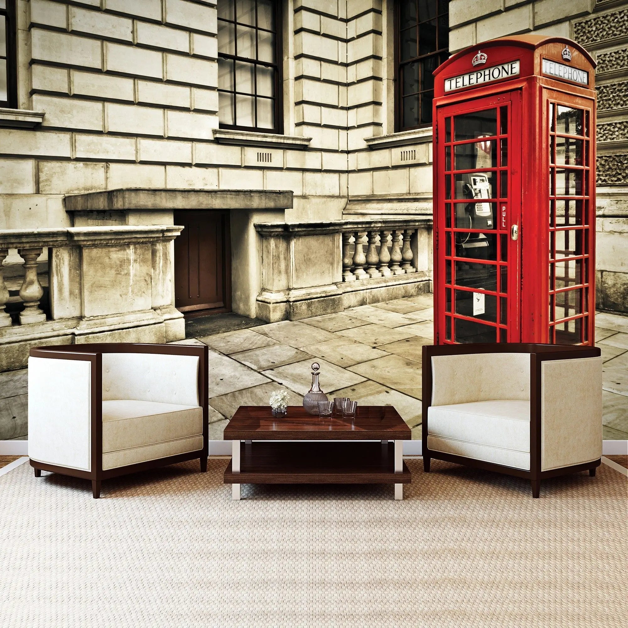 Billede 3 af Fototapet - Rød telefonboks ved stenbygning