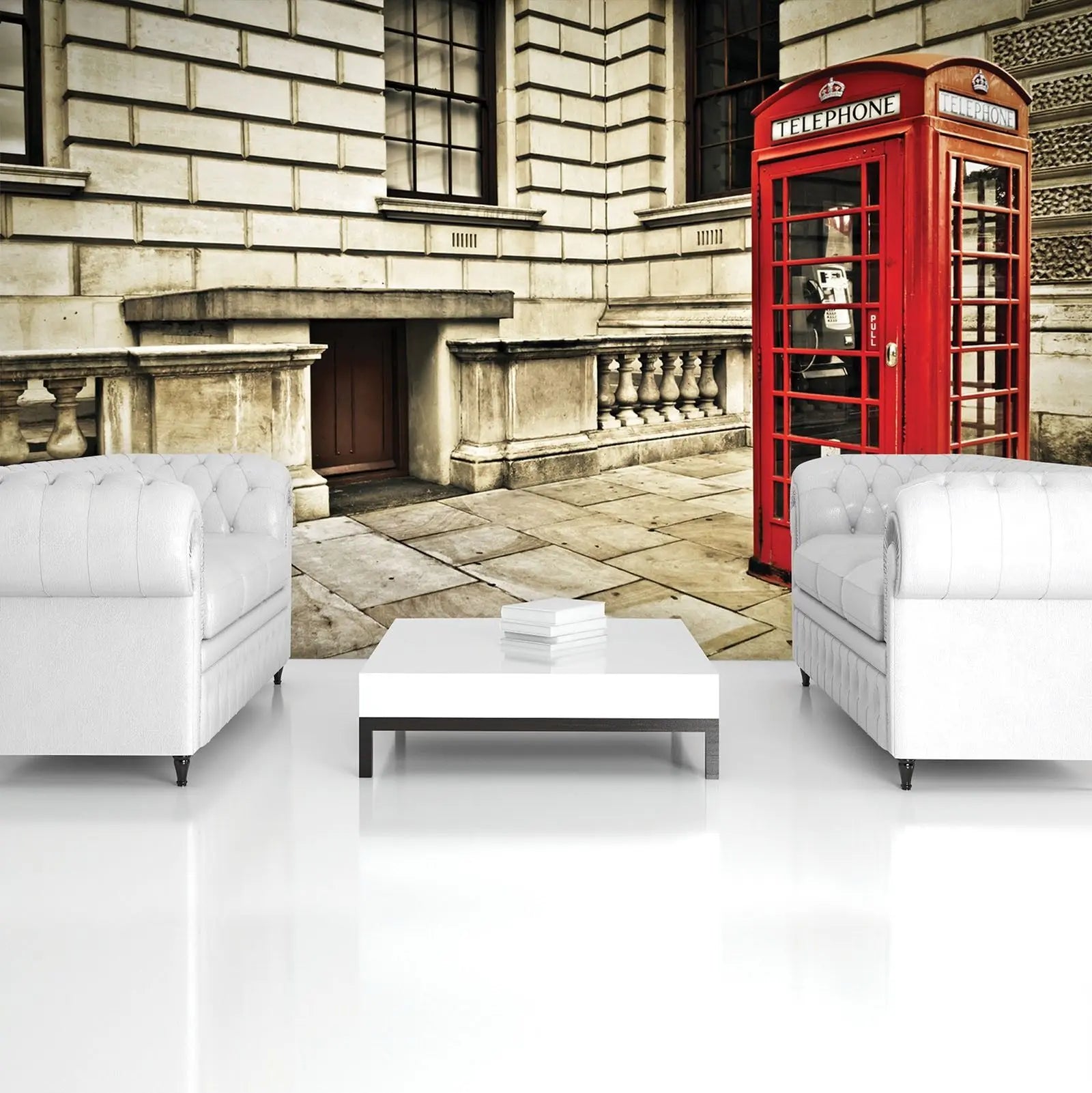 Billede 6 af Fototapet - Rød telefonboks ved stenbygning