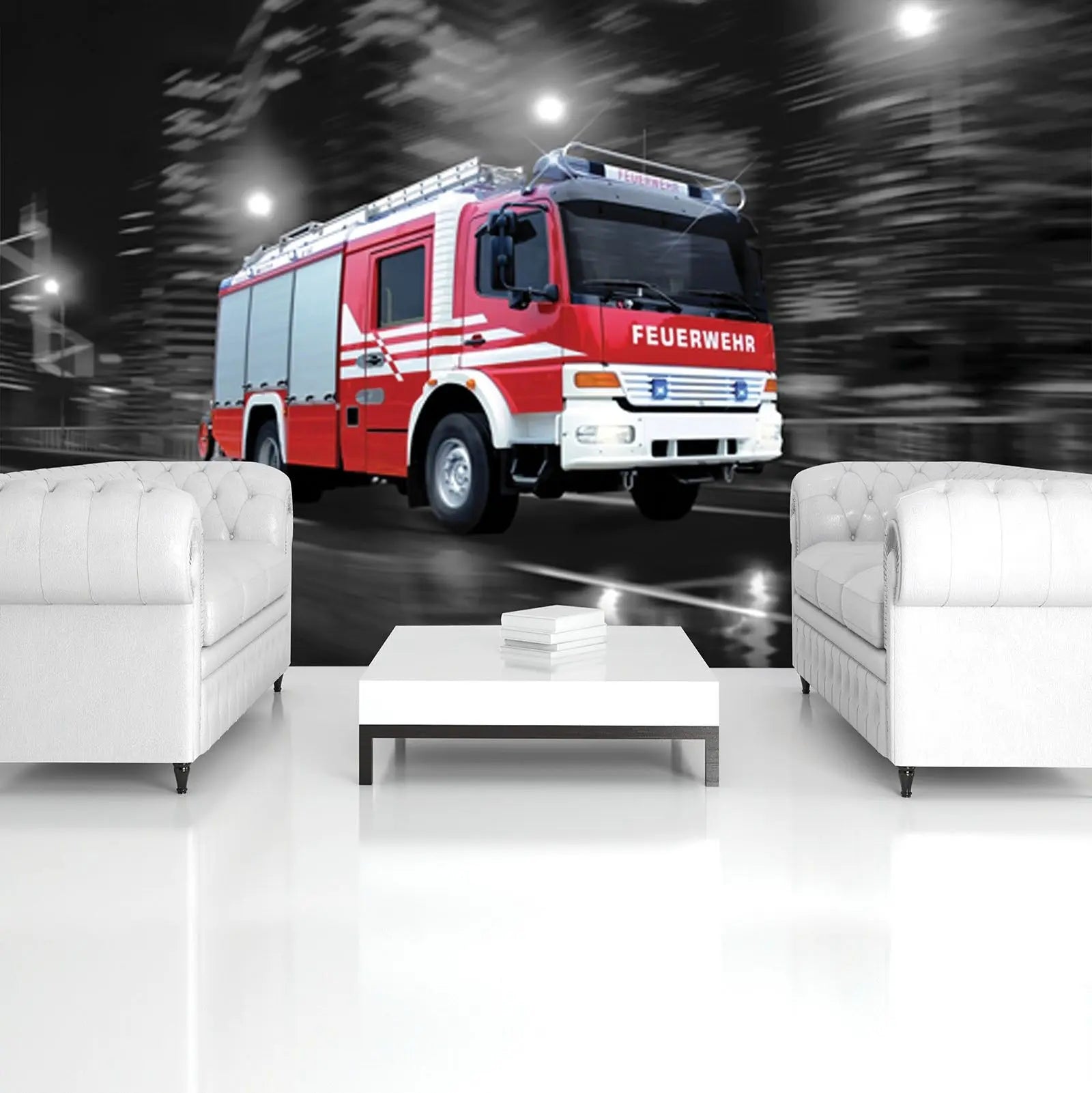 Billede 6 af Fototapet - Rød tysk brandbil i bevægelse om natten