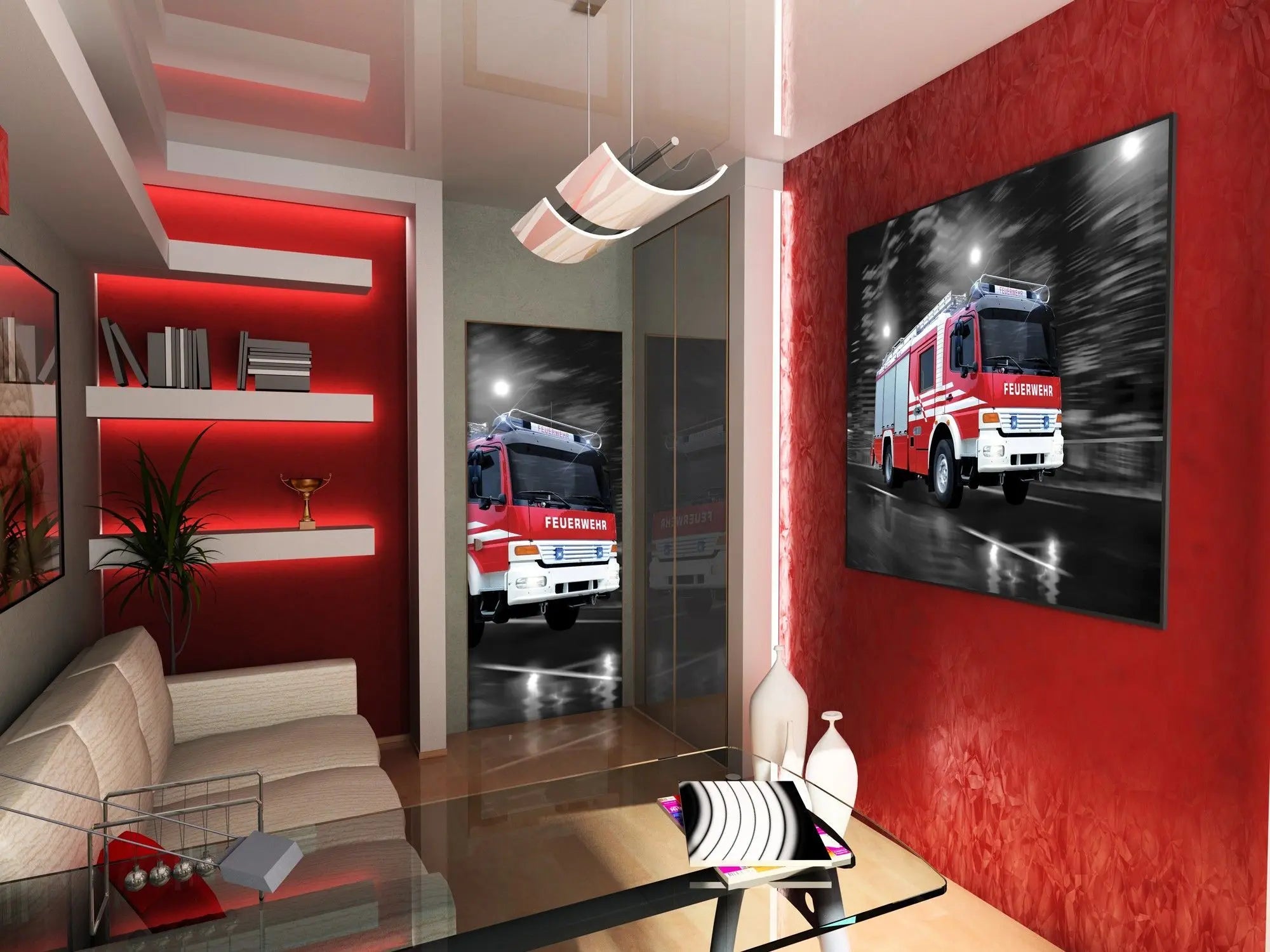 Billede 8 af Fototapet - Rød tysk brandbil i bevægelse om natten