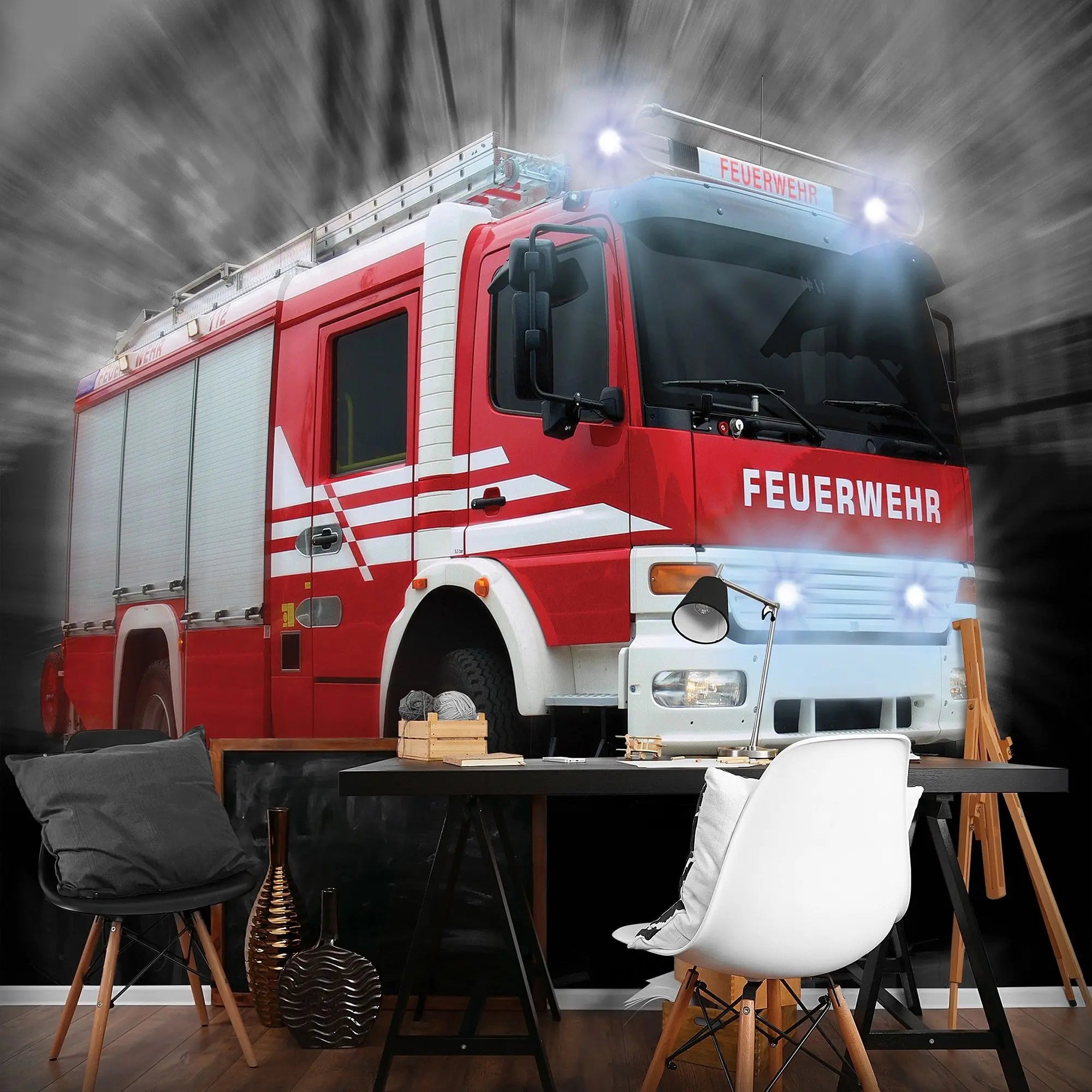 Billede 5 af Fototapet - Rød tysk brandbil i fart