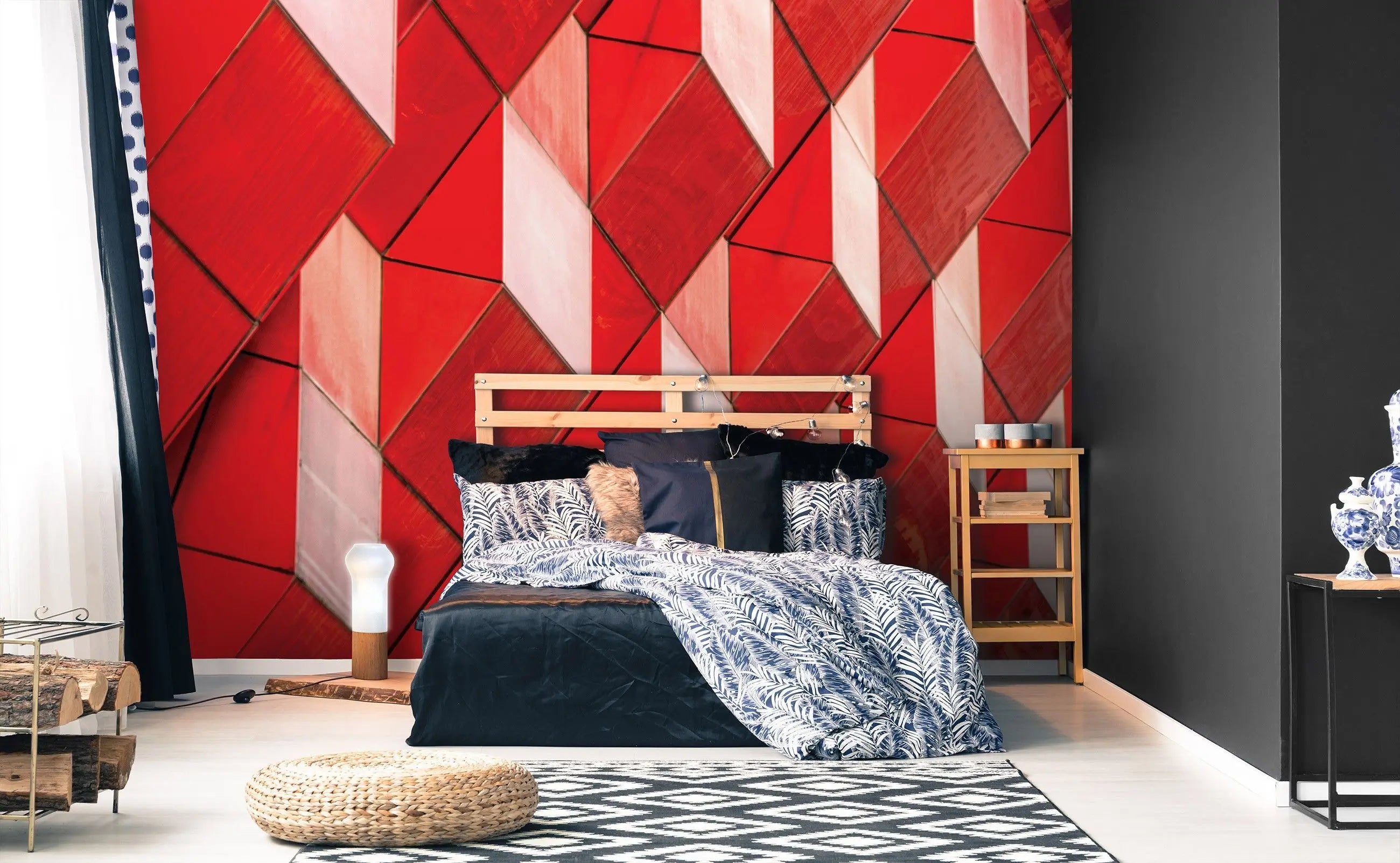 Billede 3 af Fototapet - Røde geometriske tredimensionelle fliser