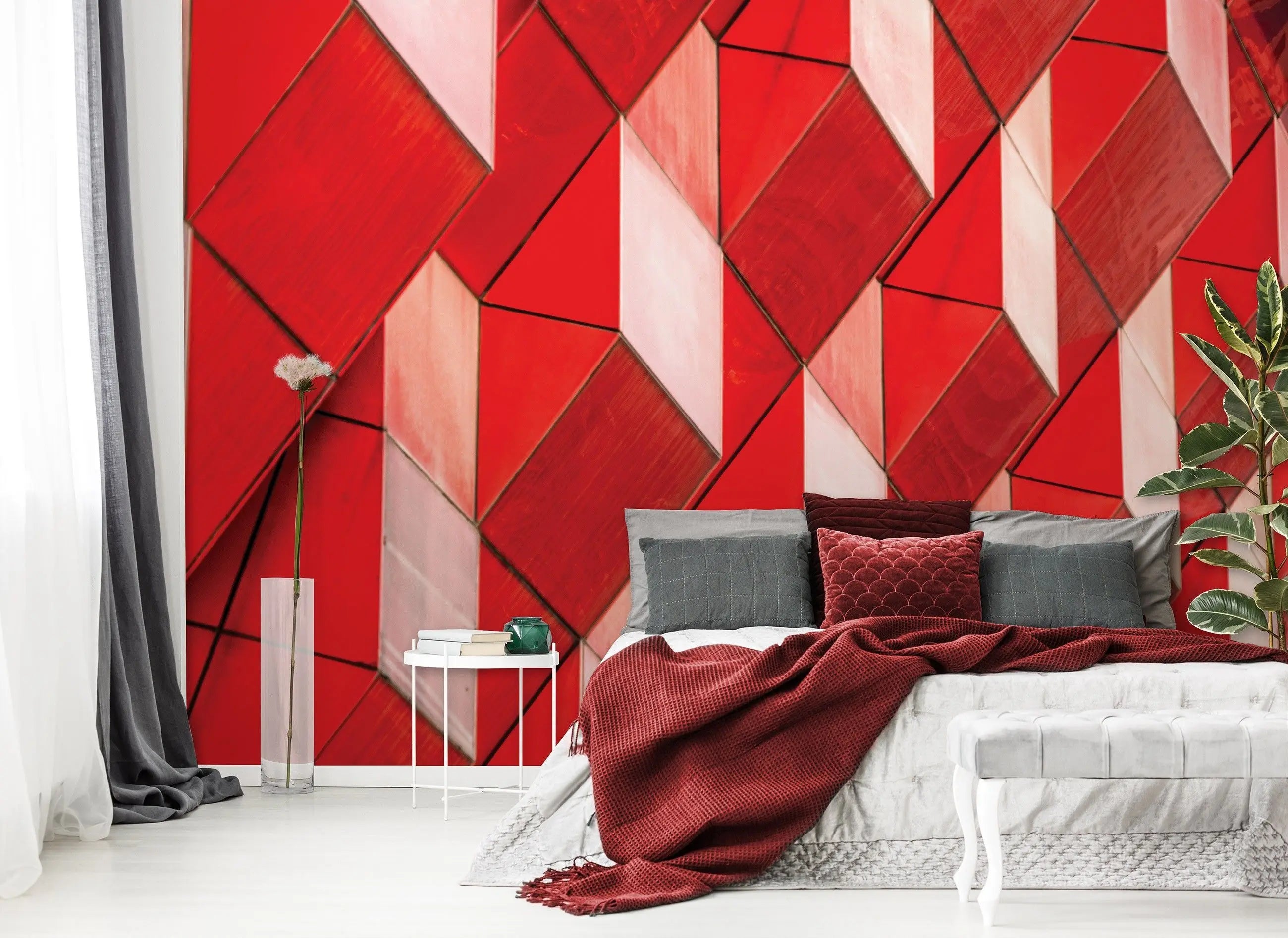 Billede 4 af Fototapet - Røde geometriske tredimensionelle fliser