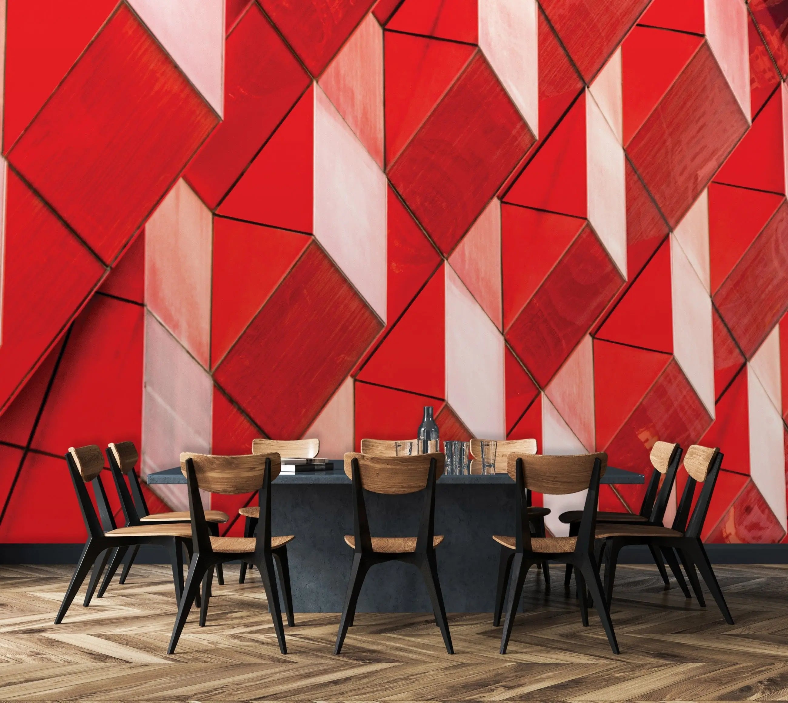 Billede 5 af Fototapet - Røde geometriske tredimensionelle fliser