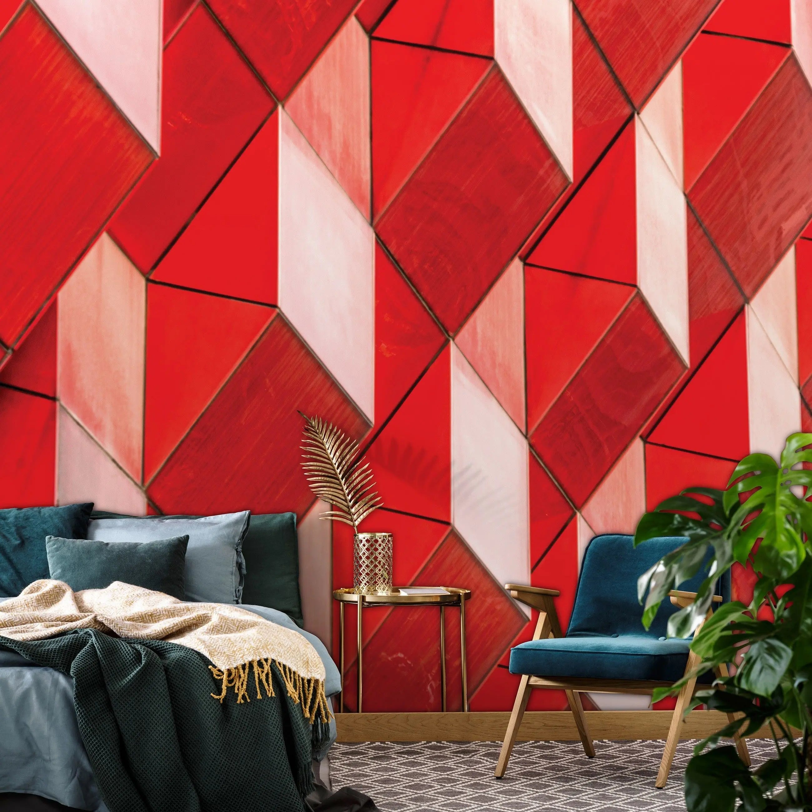 Billede 6 af Fototapet - Røde geometriske tredimensionelle fliser