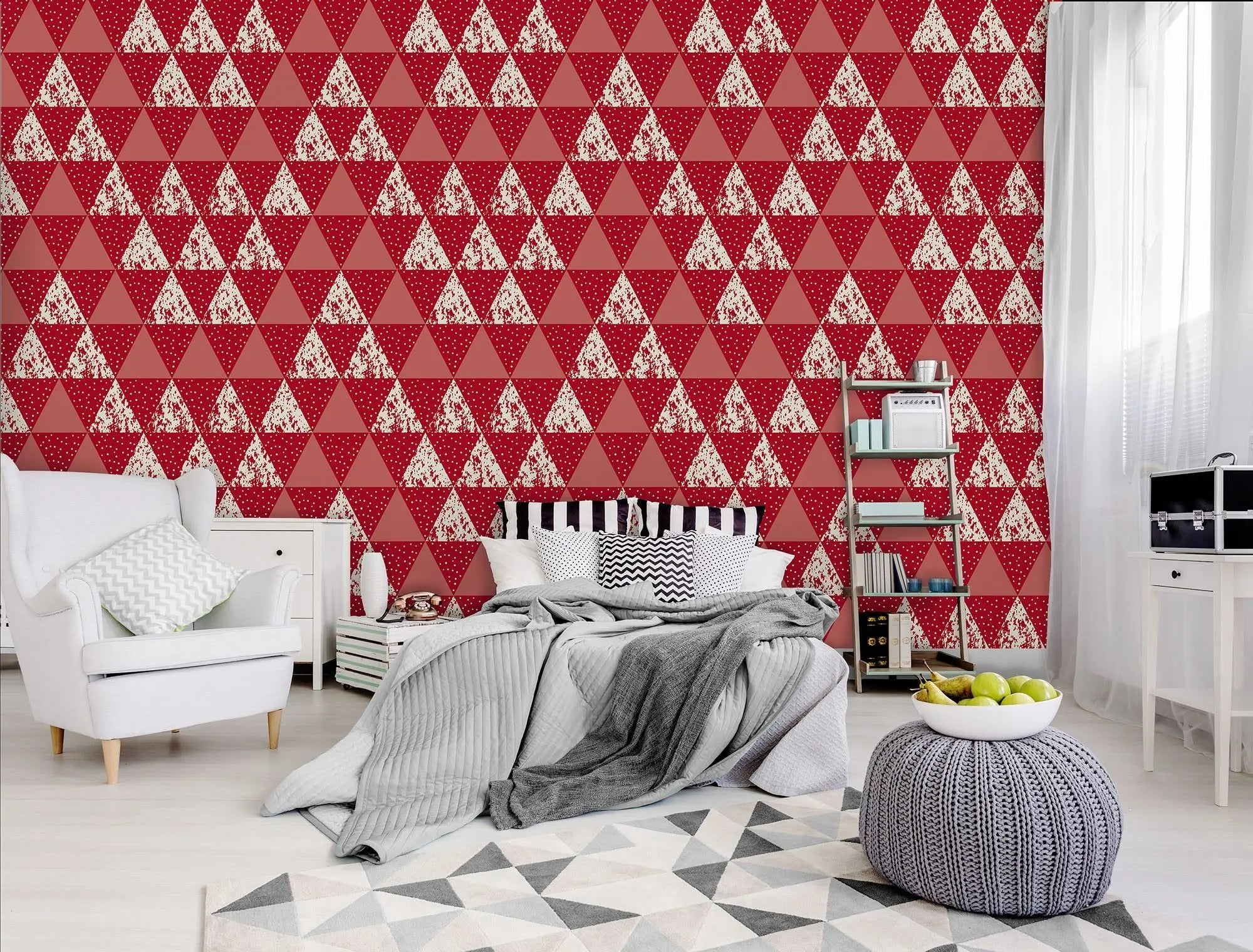 Billede 6 af Fototapet - Rødt og hvidt trekantmønster
