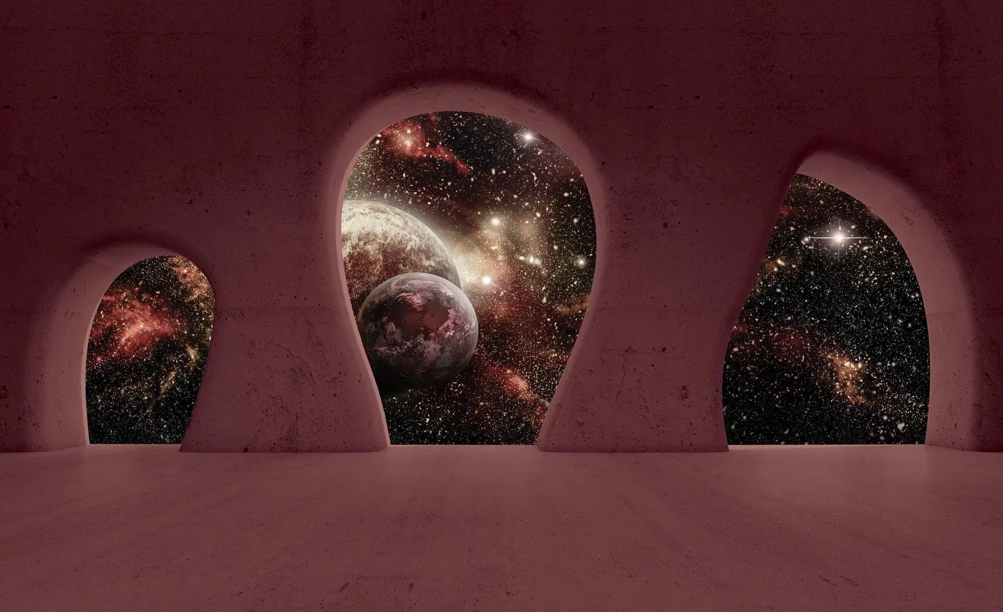 Billede 1 af Fototapet - Rødt rum med bueformede vinduer og udsigt til galaksen