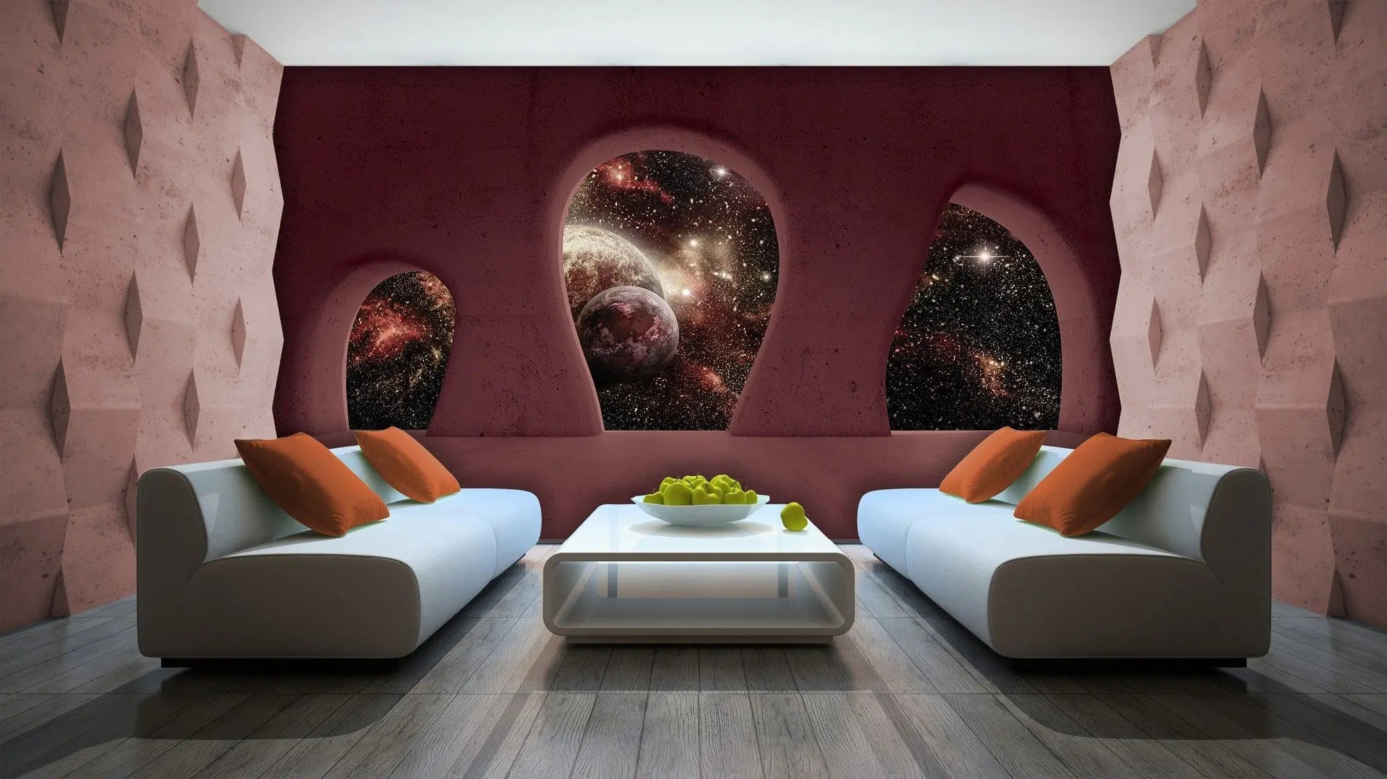 Billede 2 af Fototapet - Rødt rum med bueformede vinduer og udsigt til galaksen