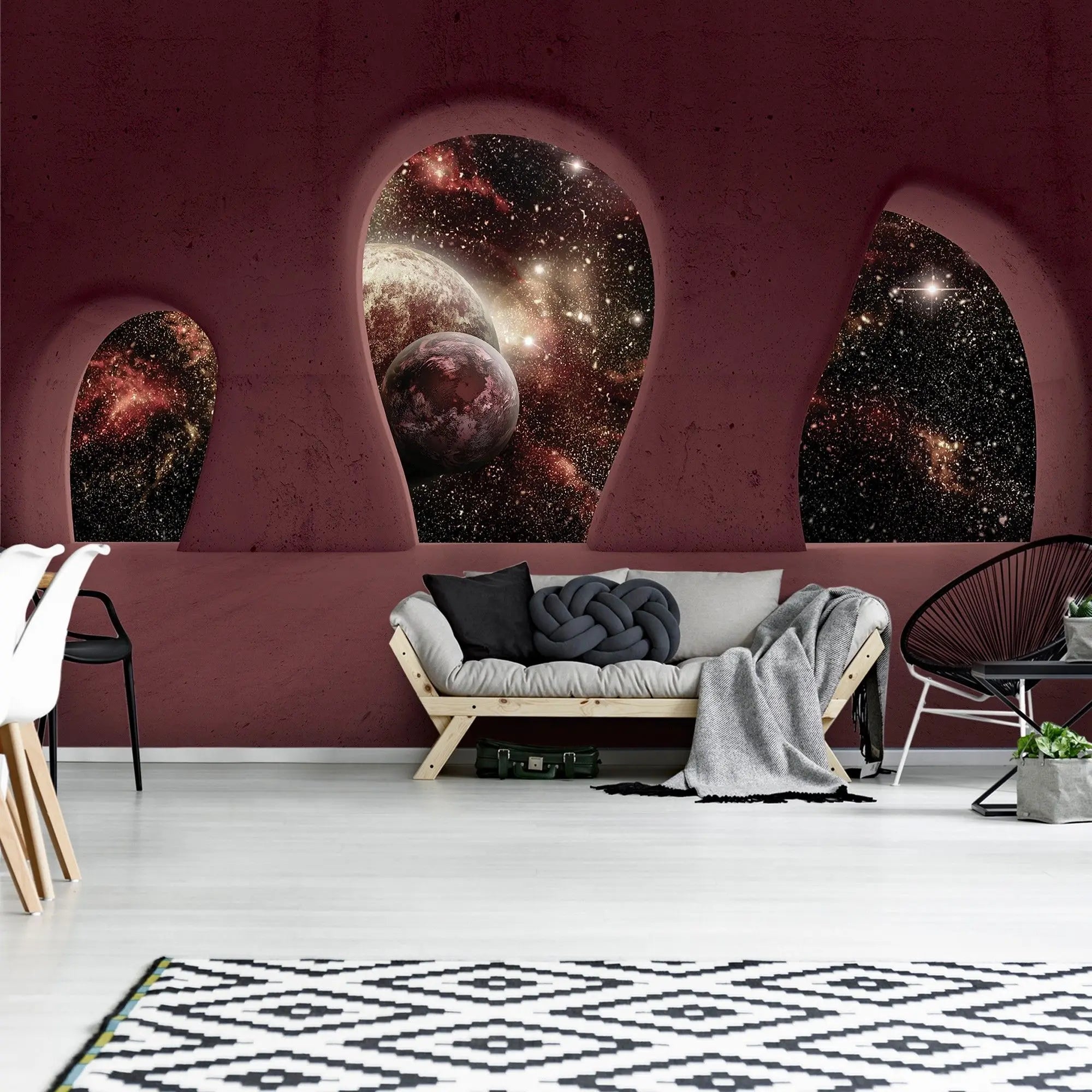 Billede 3 af Fototapet - Rødt rum med bueformede vinduer og udsigt til galaksen