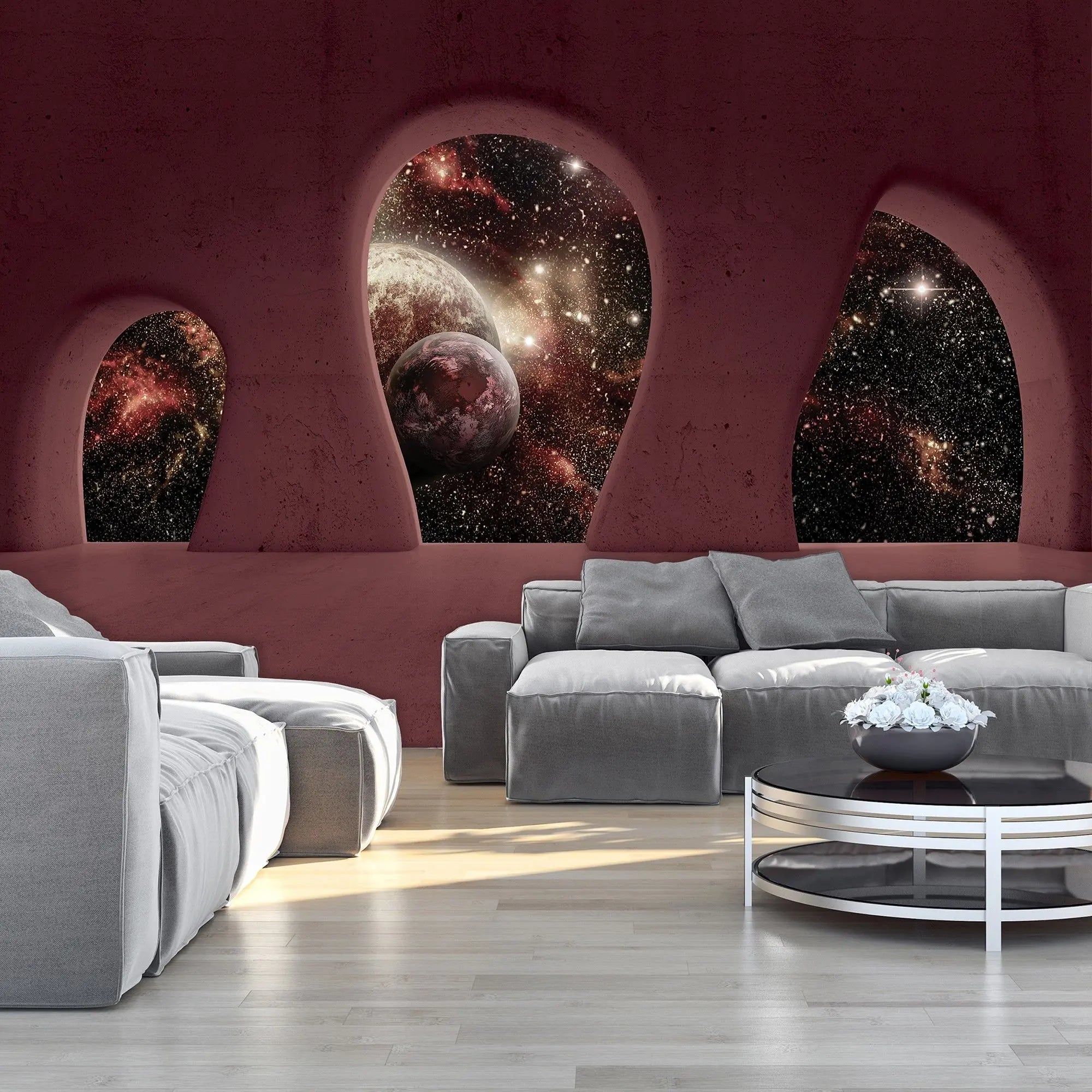 Billede 5 af Fototapet - Rødt rum med bueformede vinduer og udsigt til galaksen