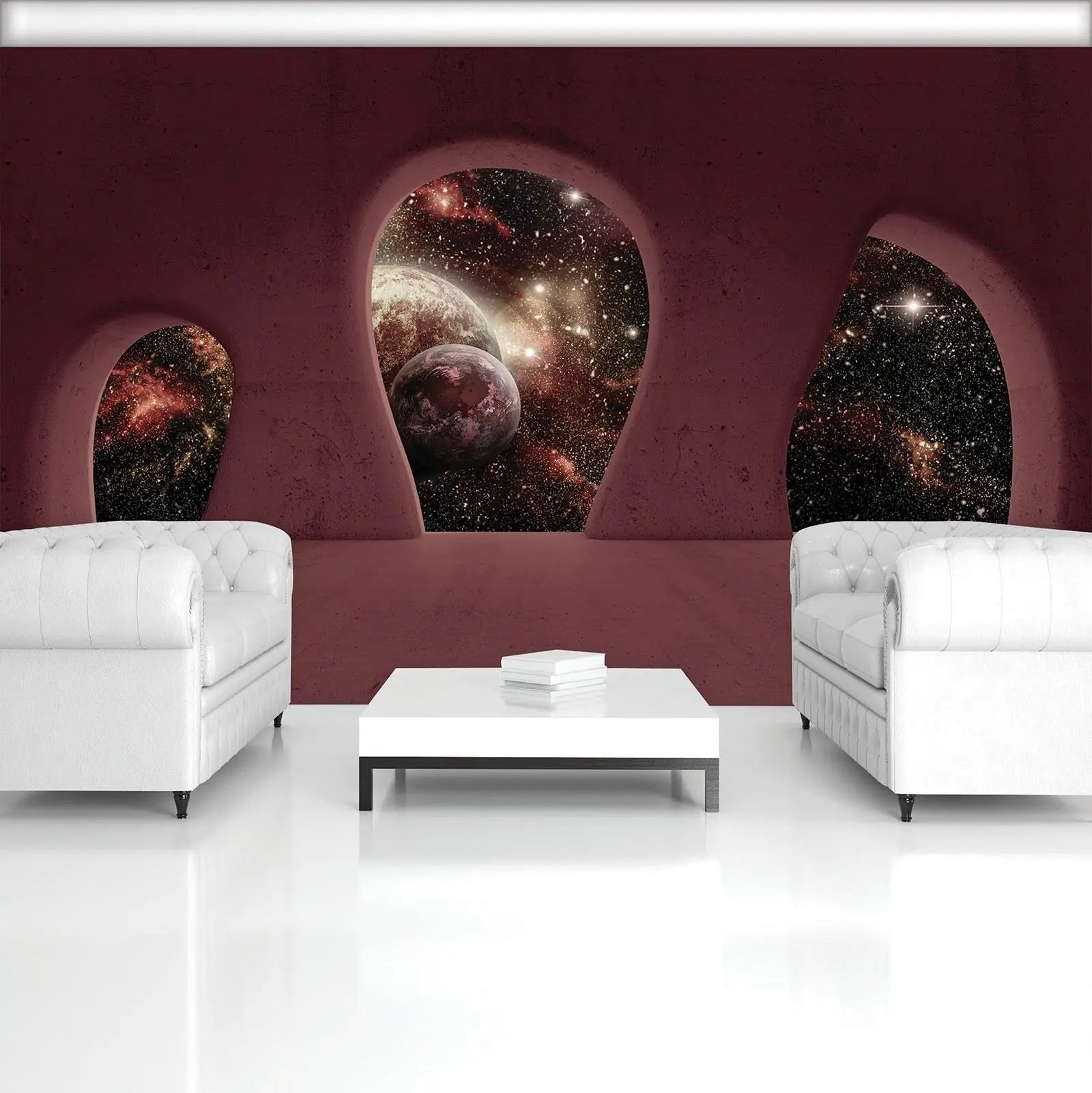 Billede 6 af Fototapet - Rødt rum med bueformede vinduer og udsigt til galaksen