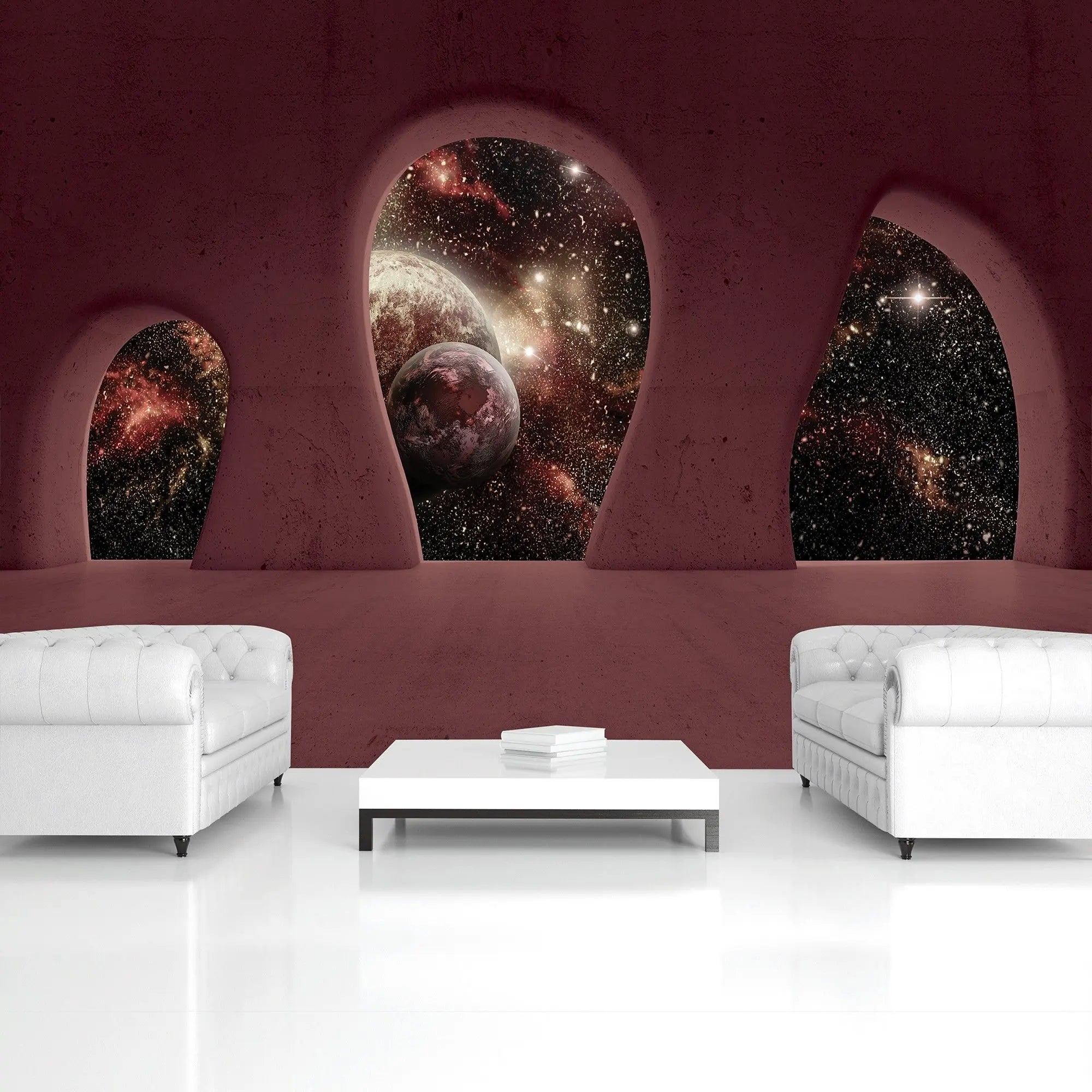 Billede 7 af Fototapet - Rødt rum med bueformede vinduer og udsigt til galaksen
