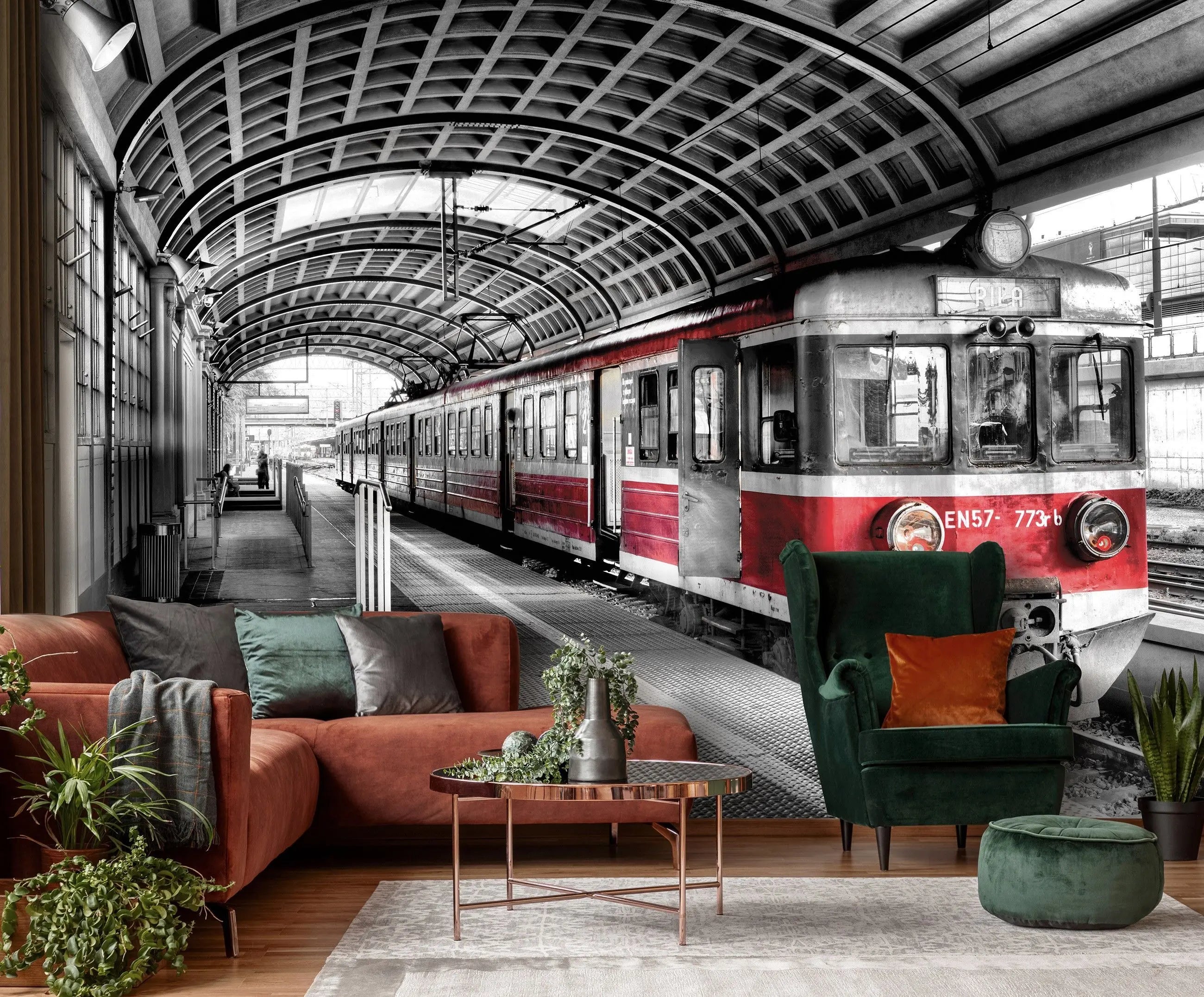 Billede 4 af Fototapet - Rødt tog på station med buet tag