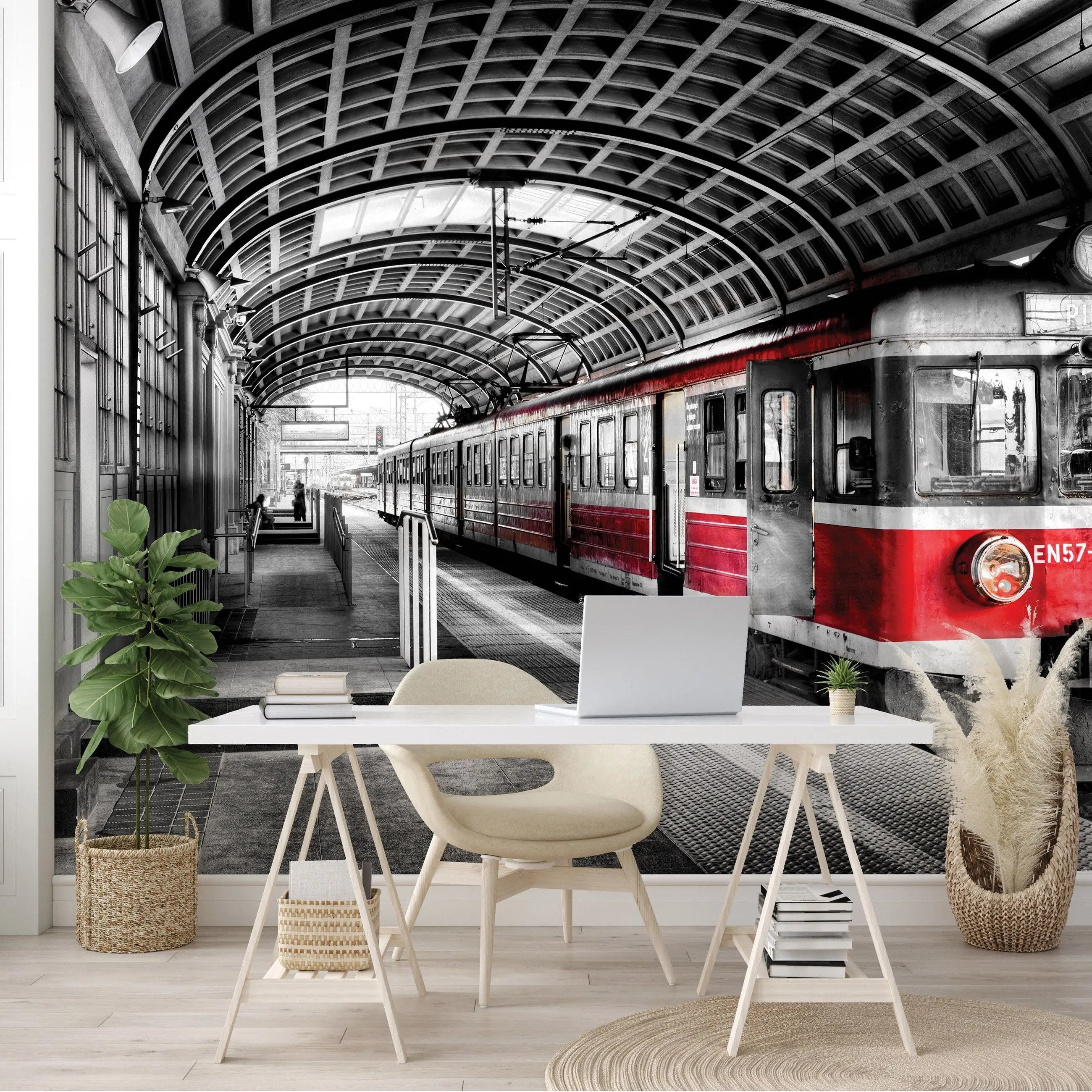 Billede 7 af Fototapet - Rødt tog på station med buet tag