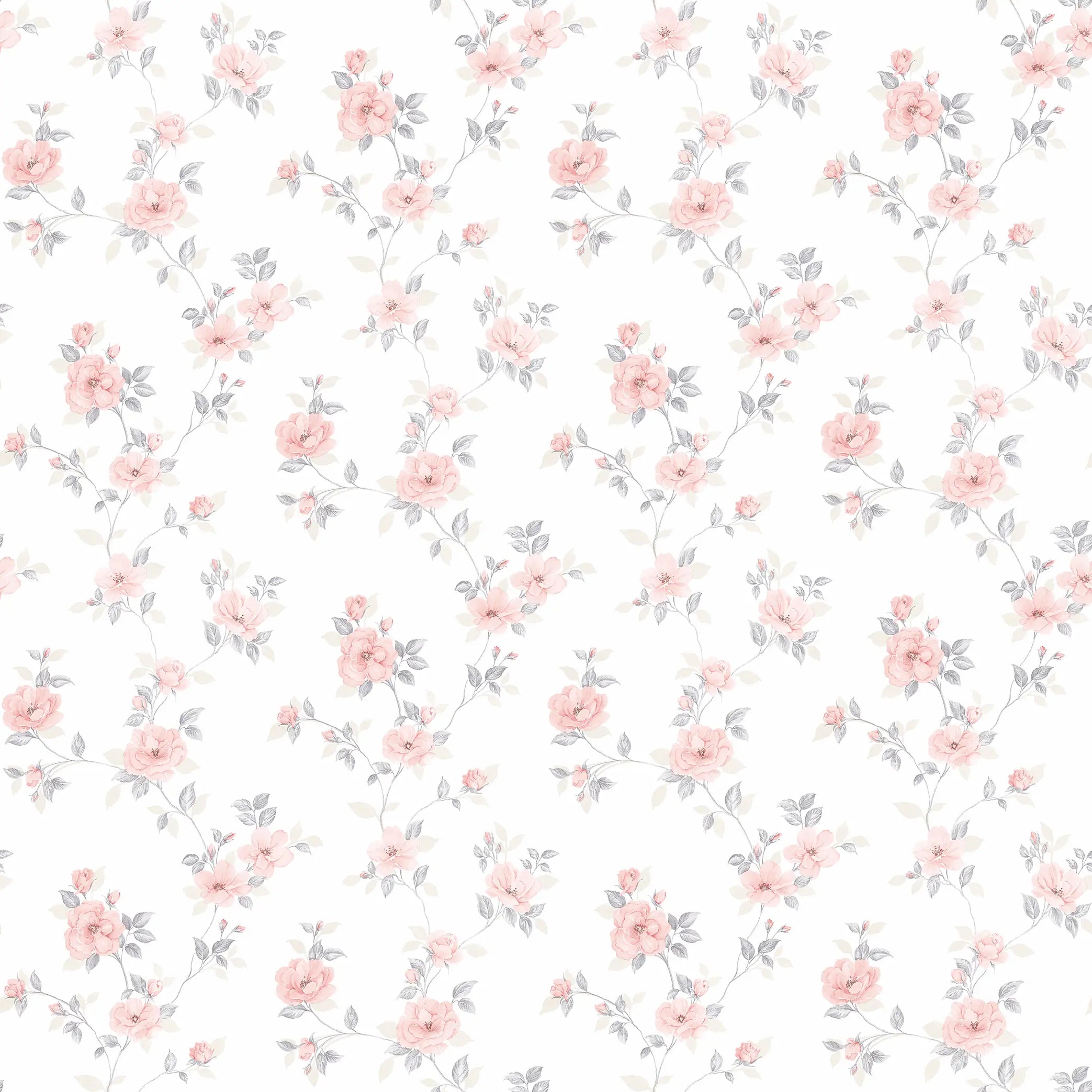 Detaljeret billede af tapetmønsteret 'Romantic Rhapsody - Misty Rose' med små rosa blomster og grå blade på en lys baggrund.