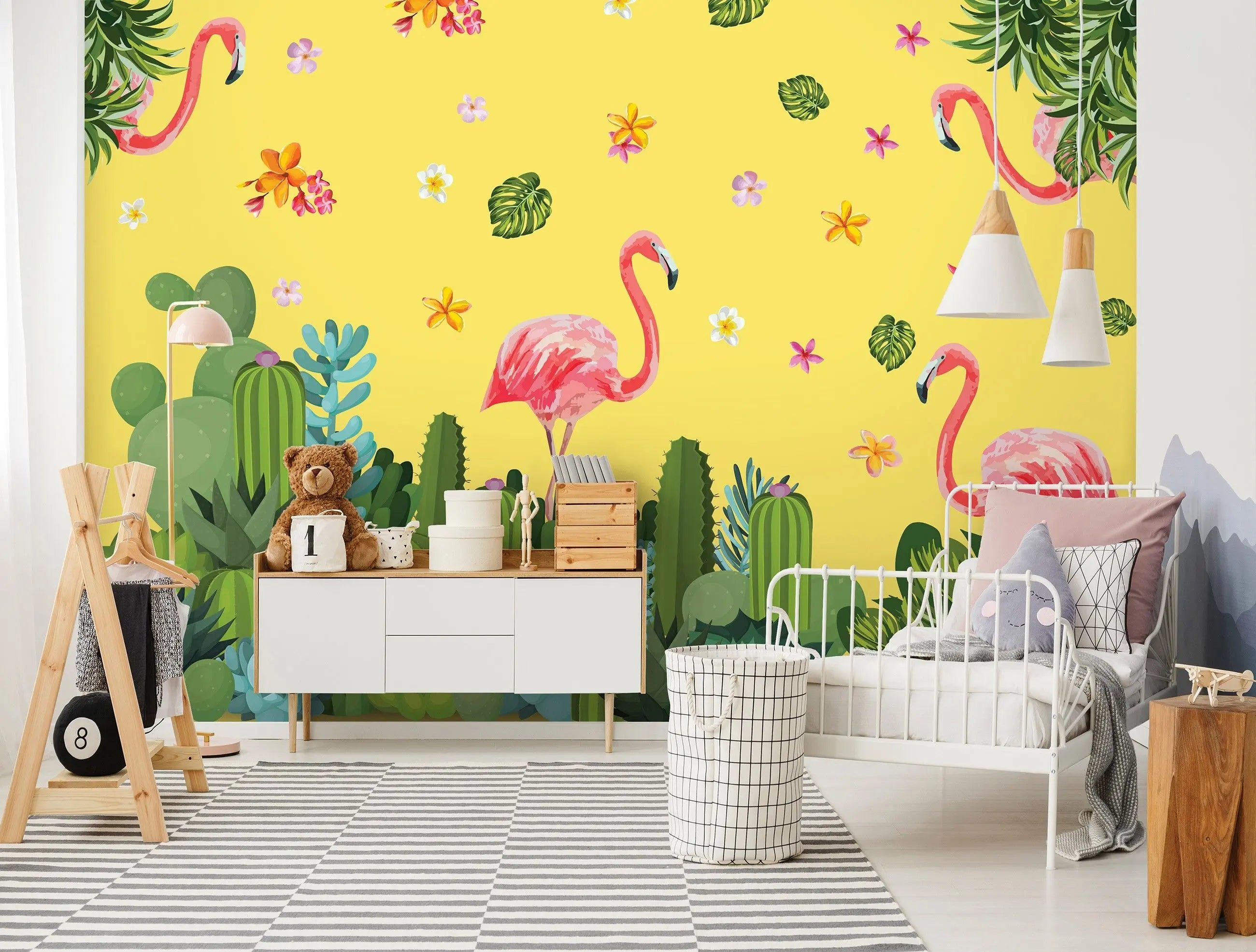 Billede 6 af Fototapet - Rosa flamingoer blandt kaktusser og blomster på gul baggrund