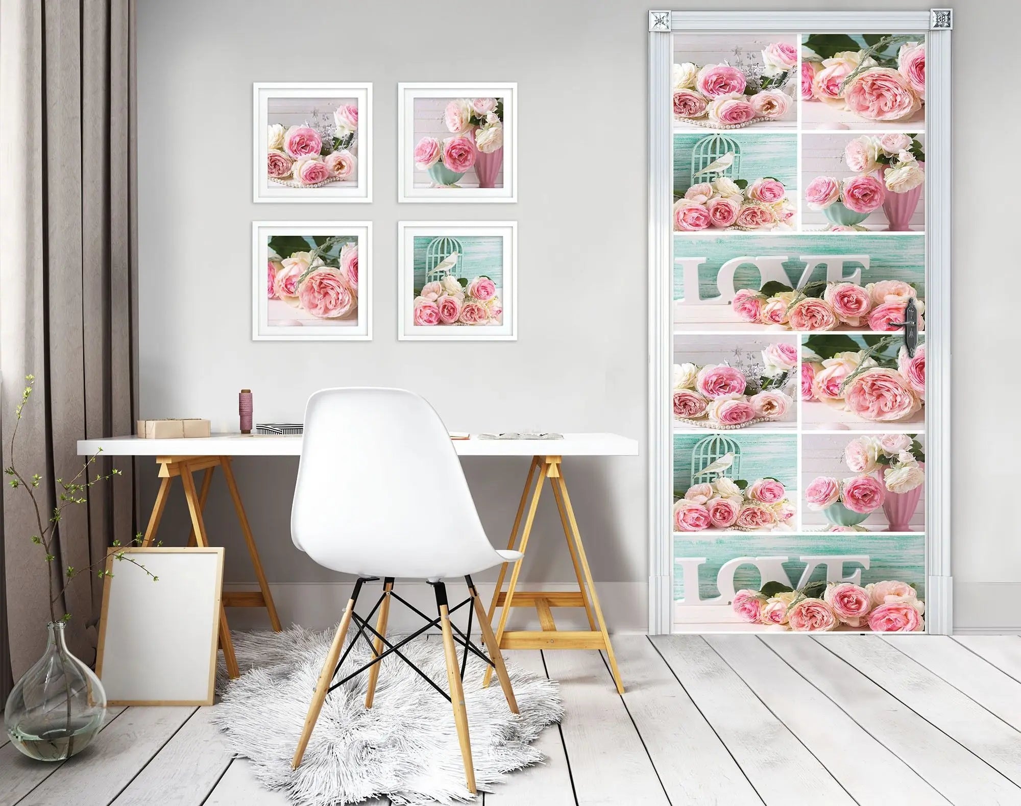 Billede 10 af Fototapet - Rosa og hvide roser med ordet LOVE og vintage detaljer