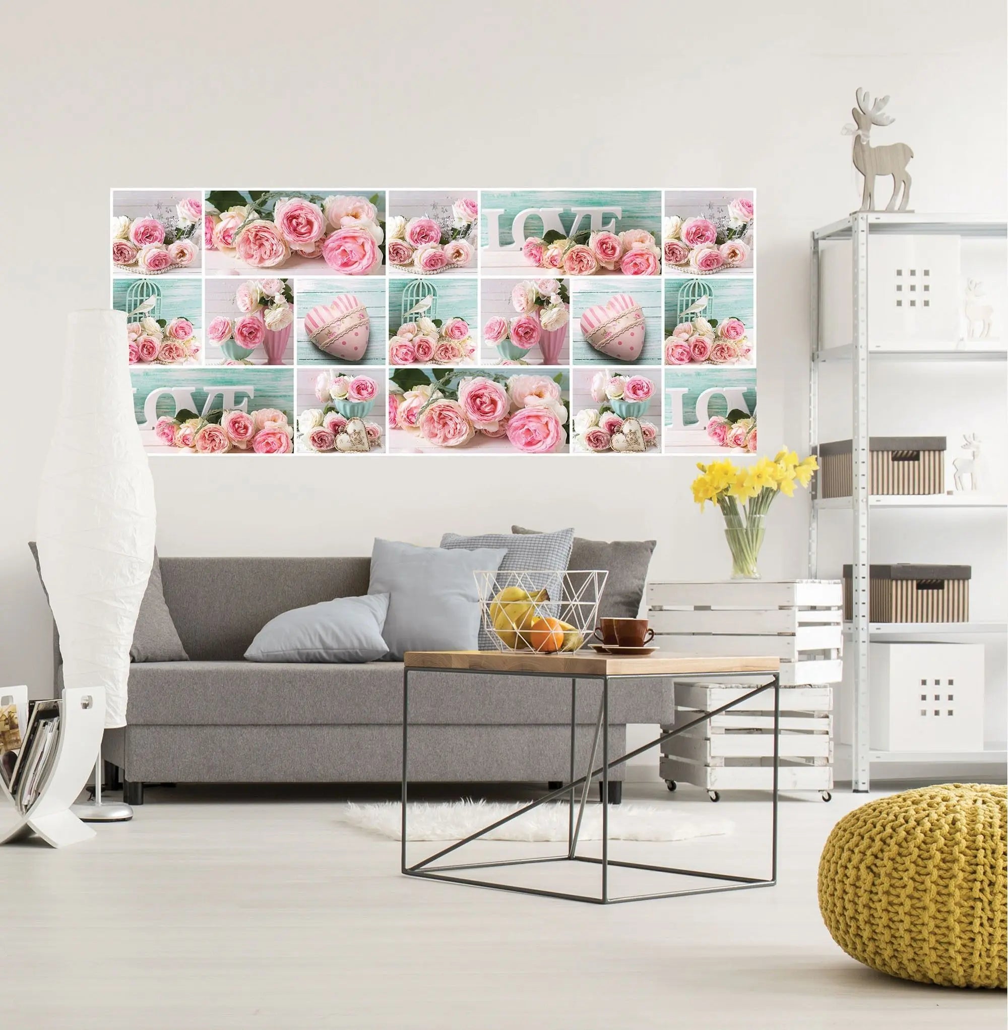 Billede 12 af Fototapet - Rosa og hvide roser med ordet LOVE og vintage detaljer