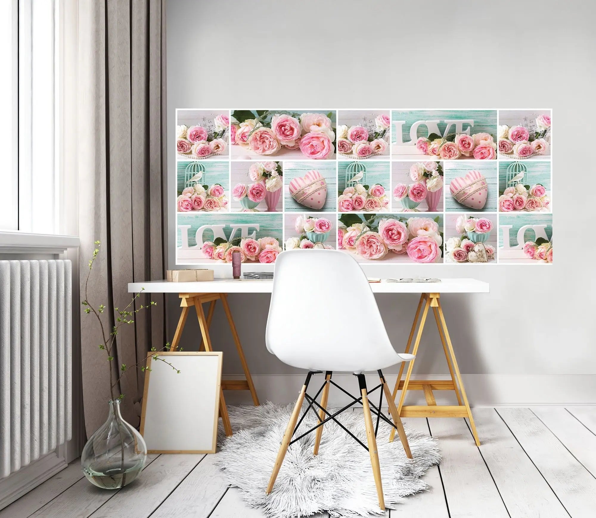 Billede 13 af Fototapet - Rosa og hvide roser med ordet LOVE og vintage detaljer