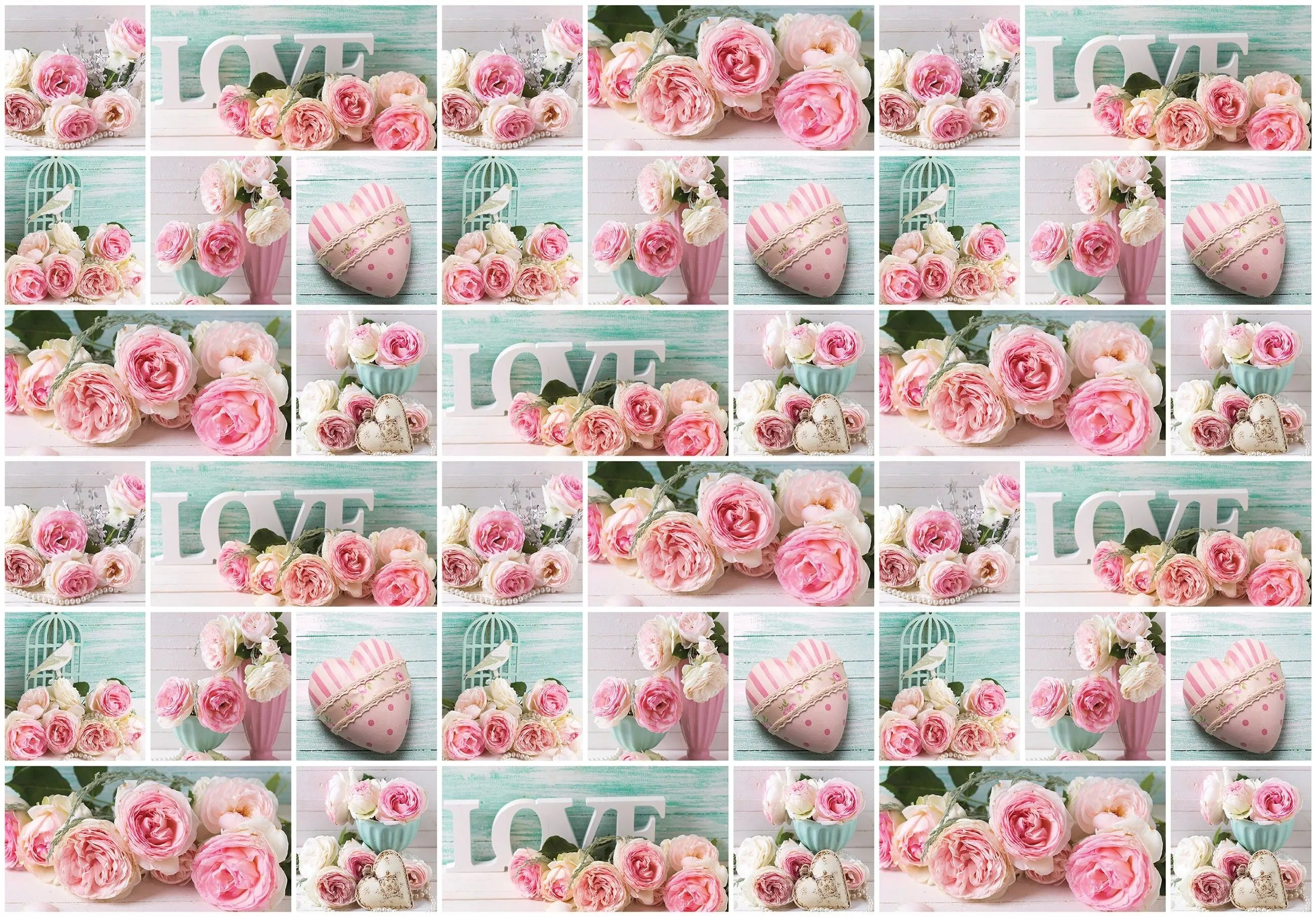 Billede 14 af Fototapet - Rosa og hvide roser med ordet LOVE og vintage detaljer