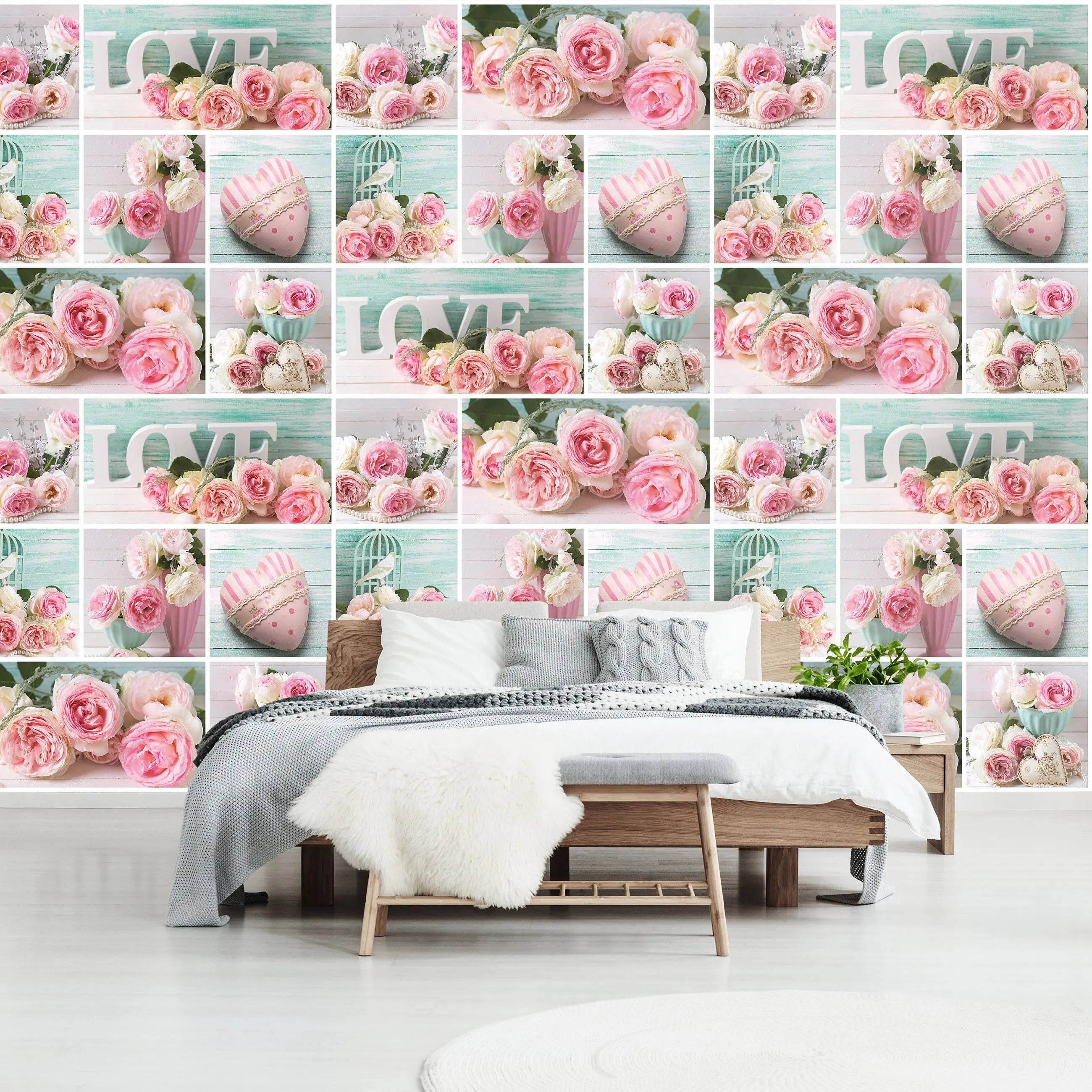 Billede 15 af Fototapet - Rosa og hvide roser med ordet LOVE og vintage detaljer