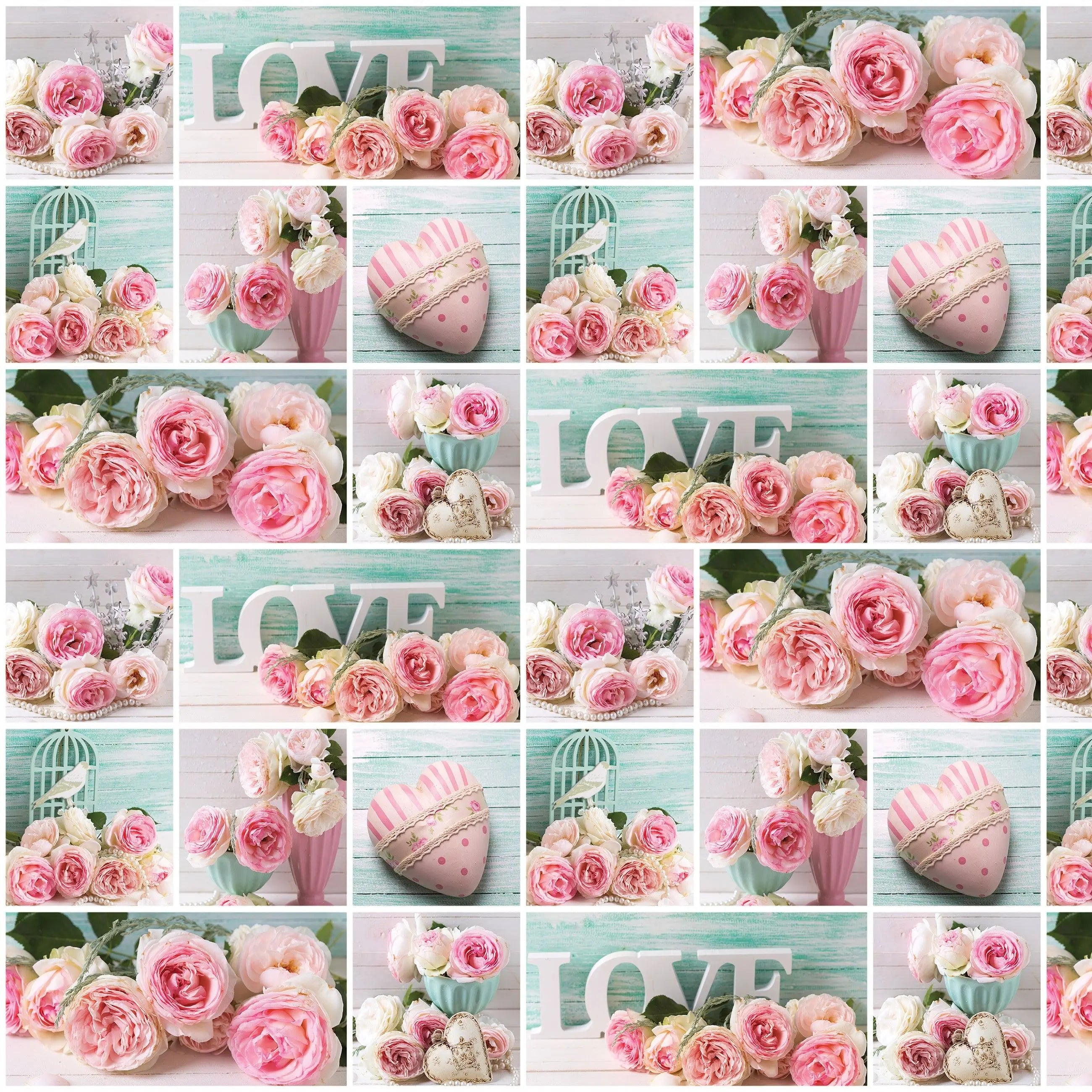 Billede 17 af Fototapet - Rosa og hvide roser med ordet LOVE og vintage detaljer