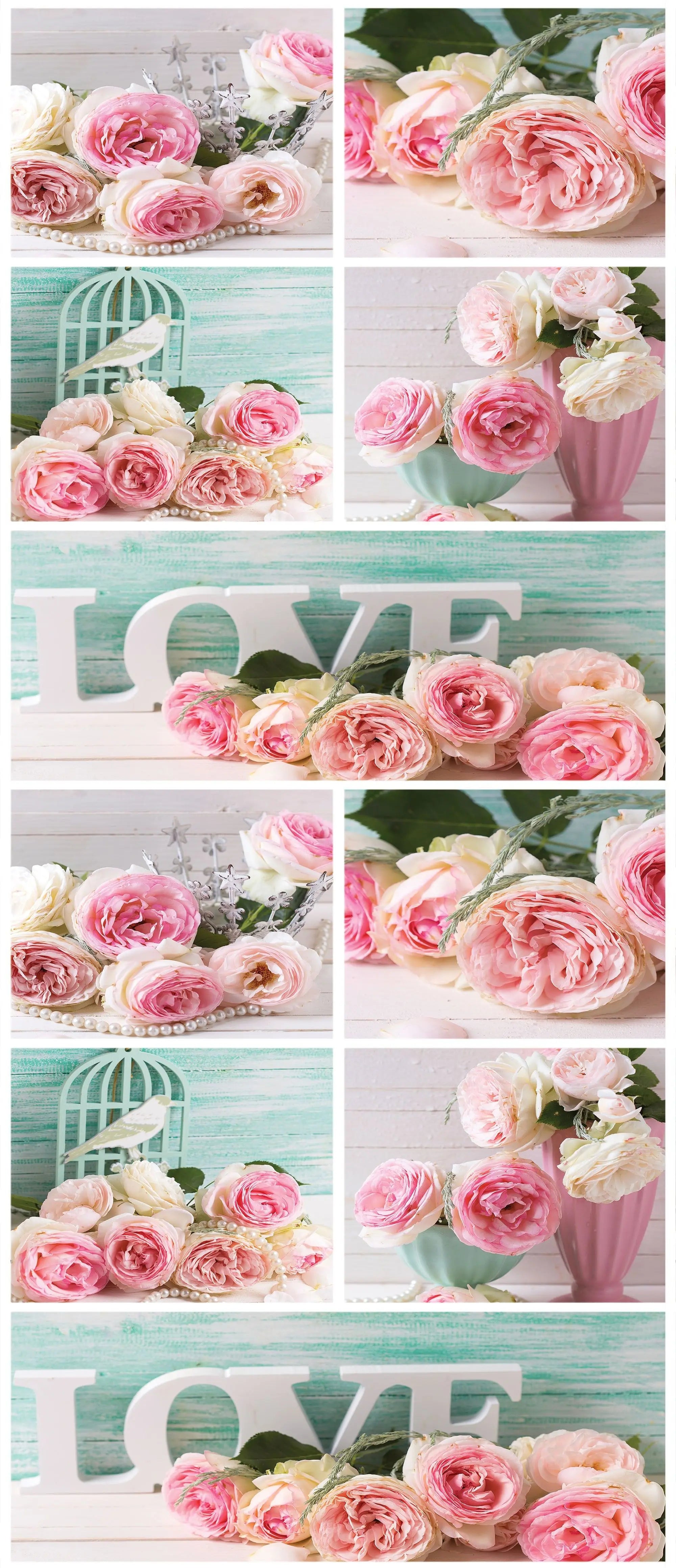 Billede 18 af Fototapet - Rosa og hvide roser med ordet LOVE og vintage detaljer