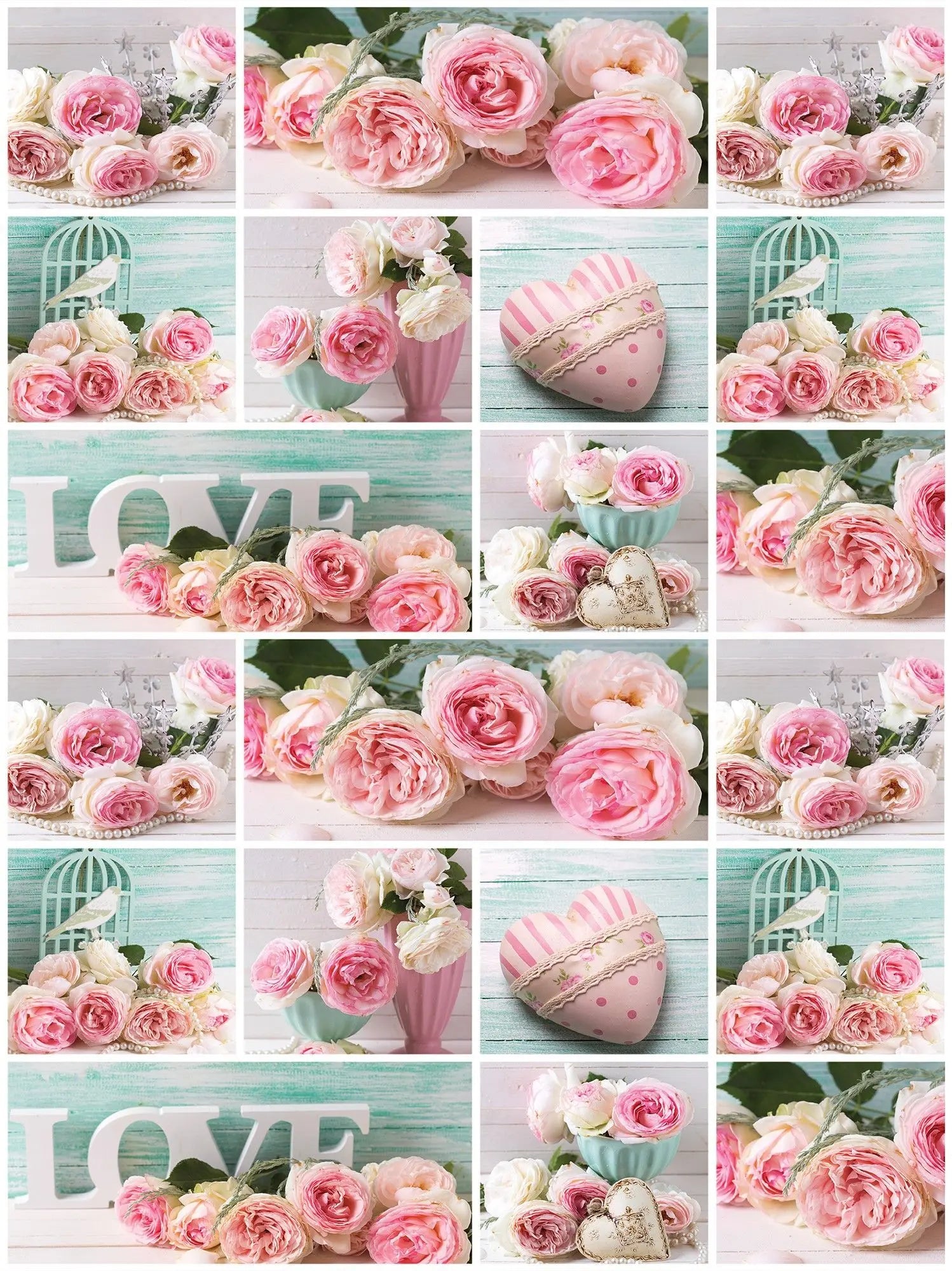 Billede 19 af Fototapet - Rosa og hvide roser med ordet LOVE og vintage detaljer