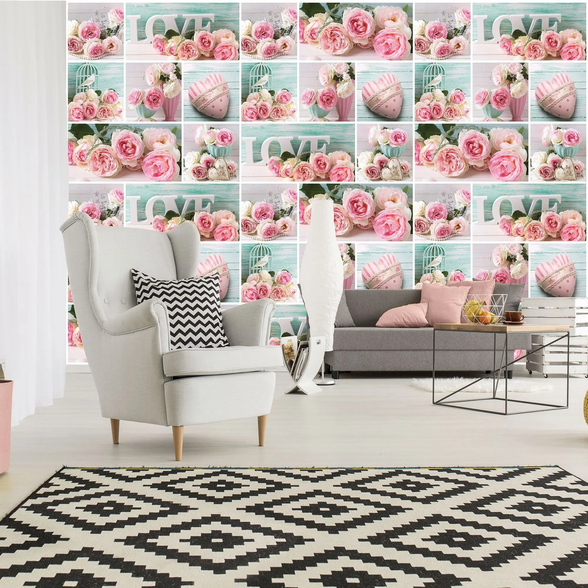 Billede 5 af Fototapet - Rosa og hvide roser med ordet LOVE og vintage detaljer