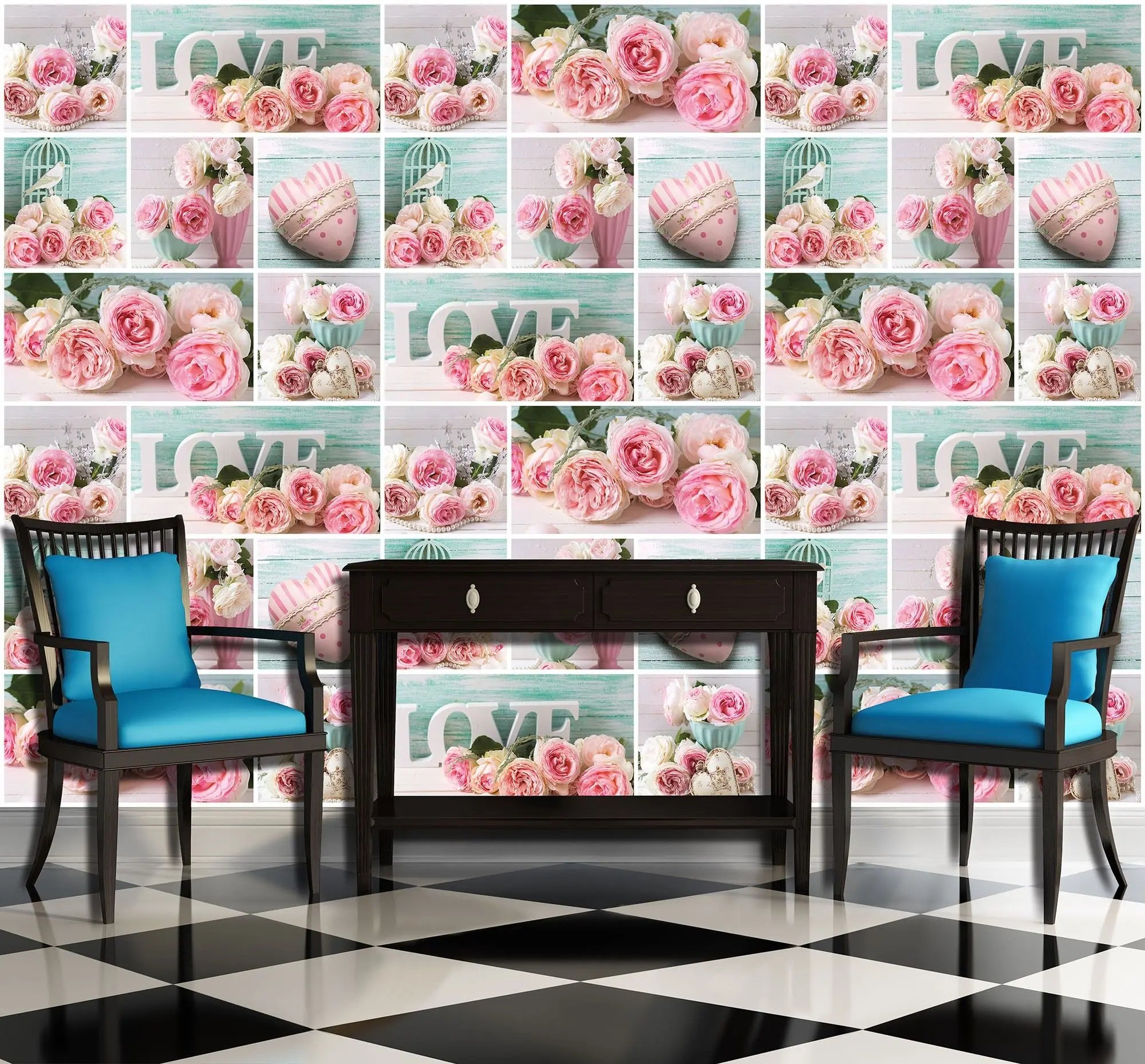 Billede 6 af Fototapet - Rosa og hvide roser med ordet LOVE og vintage detaljer