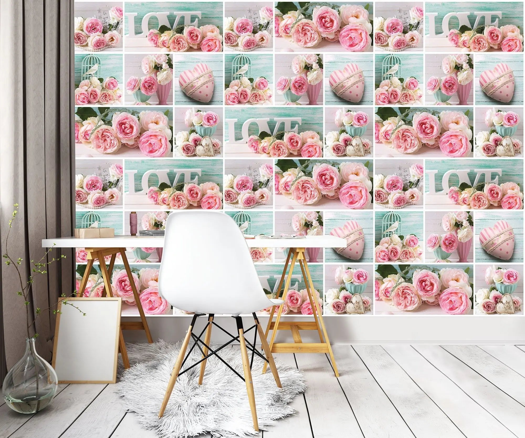 Billede 7 af Fototapet - Rosa og hvide roser med ordet LOVE og vintage detaljer
