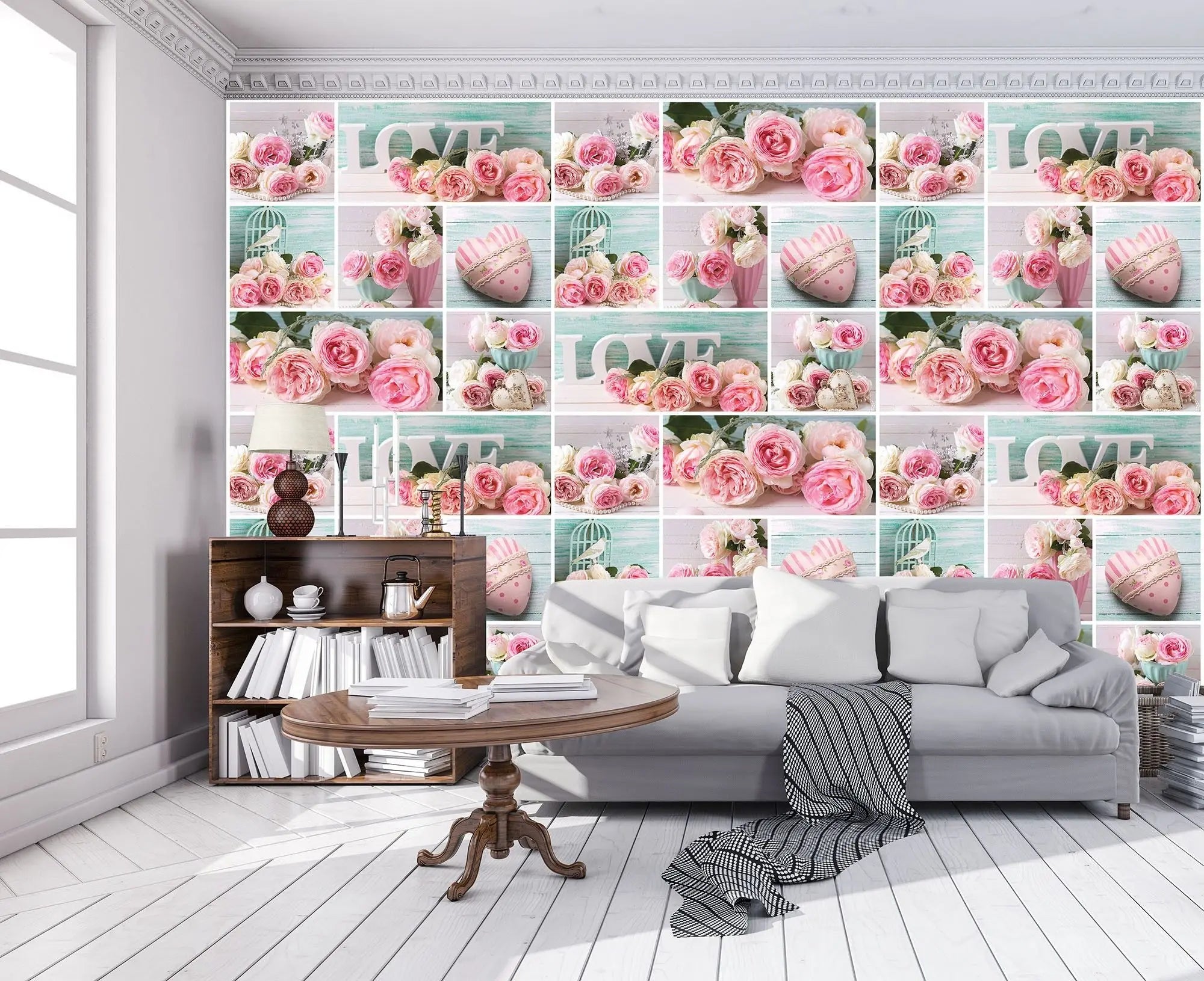 Billede 8 af Fototapet - Rosa og hvide roser med ordet LOVE og vintage detaljer