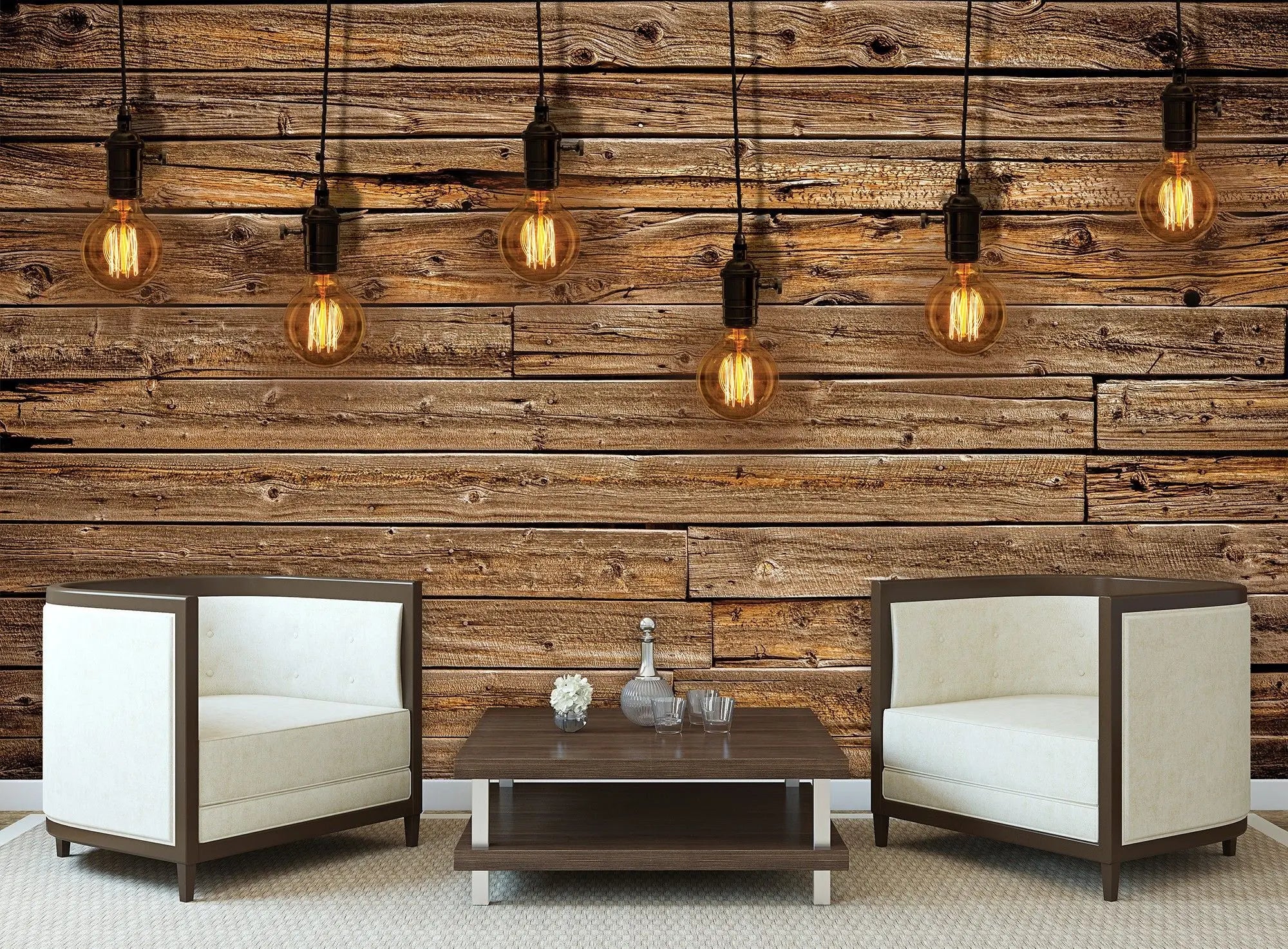 Billede 2 af Fototapet - Runde glødepærer mod rustik trævæg