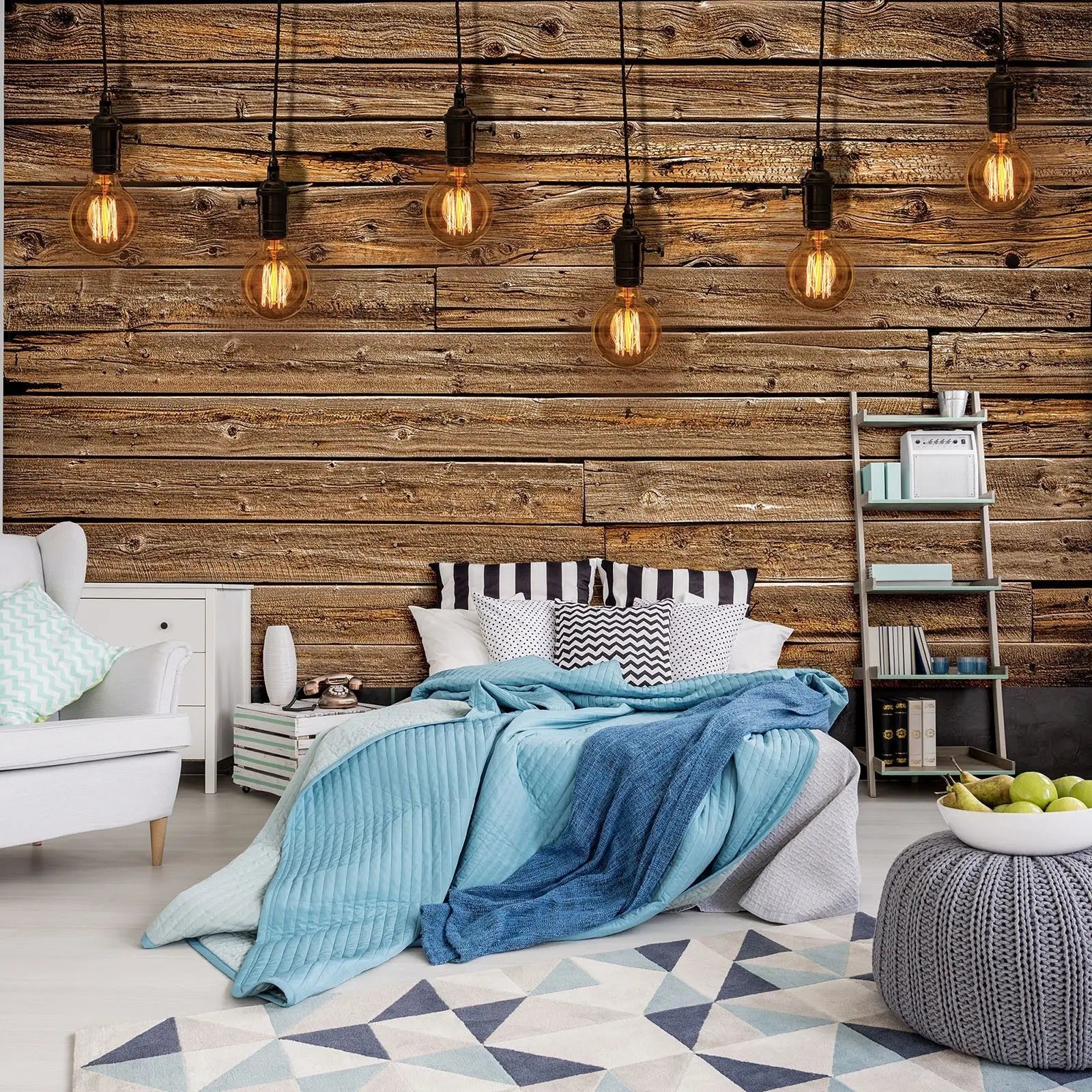 Billede 3 af Fototapet - Runde glødepærer mod rustik trævæg