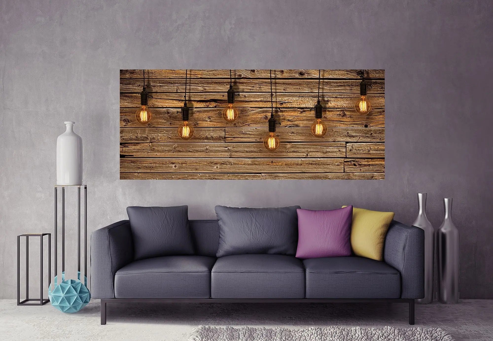 Billede 4 af Fototapet - Runde glødepærer mod rustik trævæg