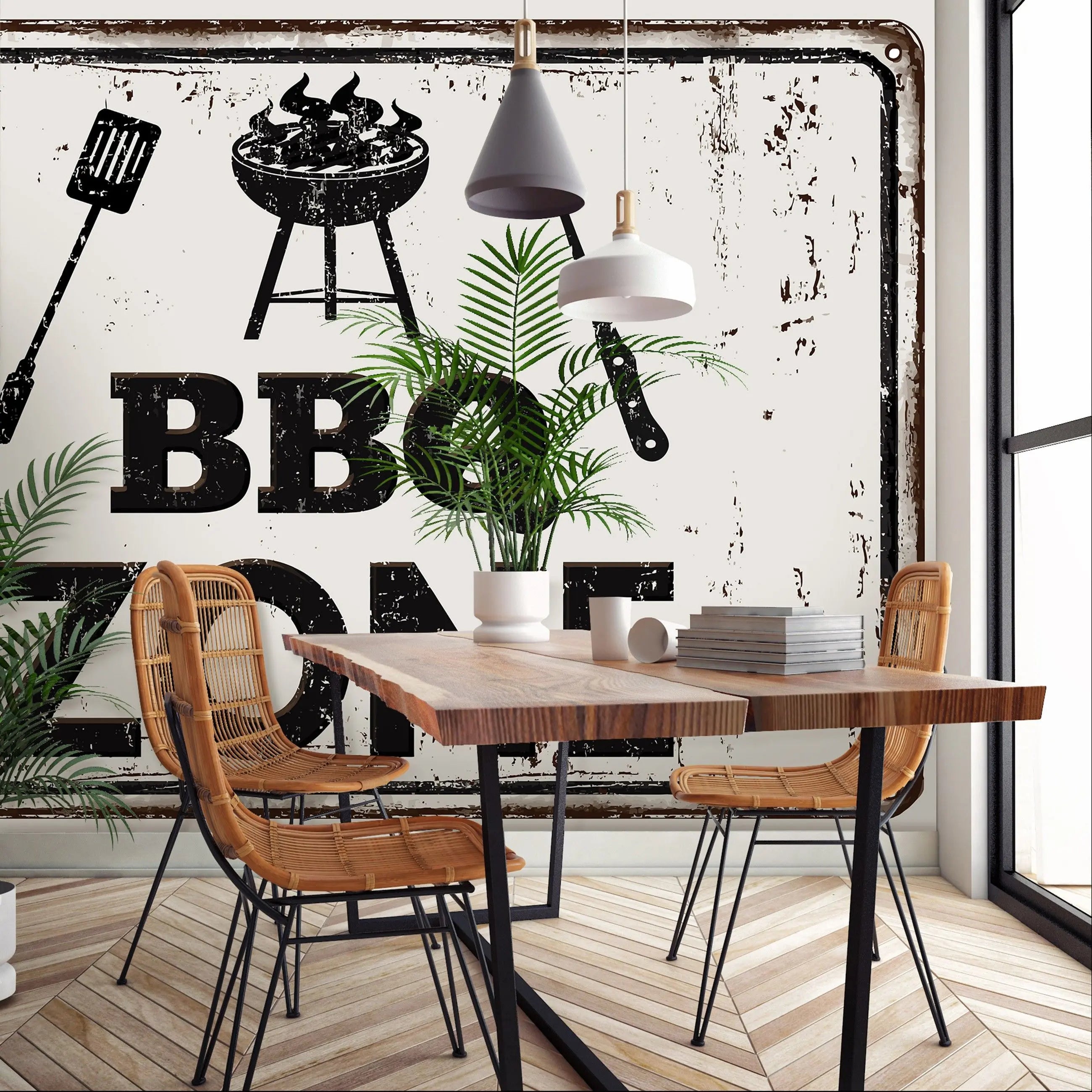 Billede 9 af Fototapet - Rustikt skilt med BBQ Zone-grillmotiv