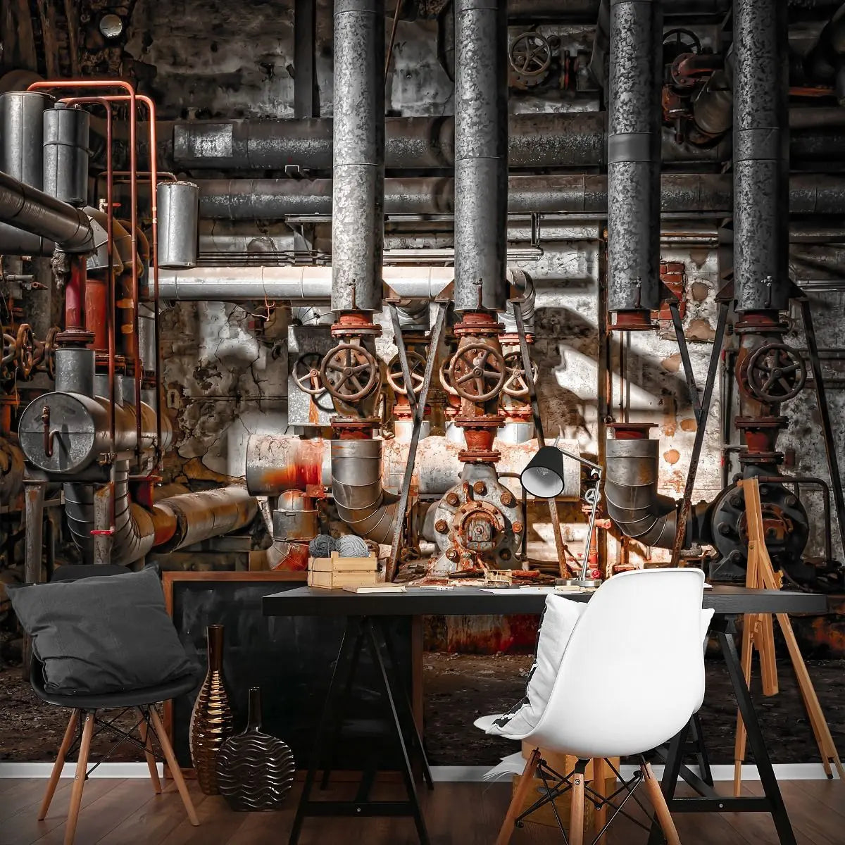 Billede 3 af Fototapet - Rustne industrielle rør og ventiler