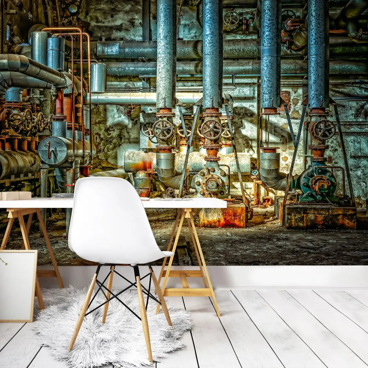 Billede 3 af Fototapet - Rustne industrielle rør og ventiler i gammelt maskinrum