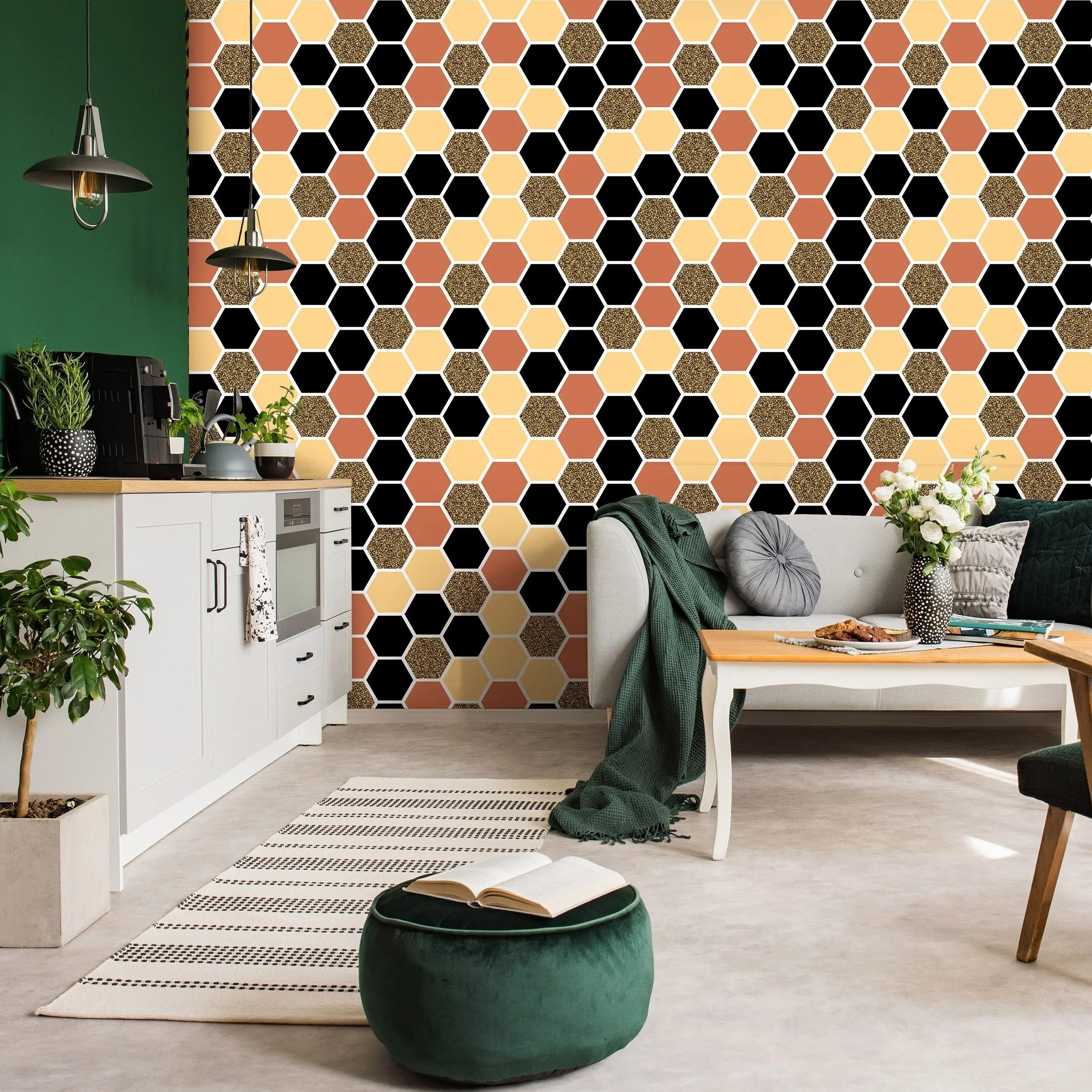 Billede 14 af Fototapet - Sekskantet mønster i sort, beige og brun med glimmer