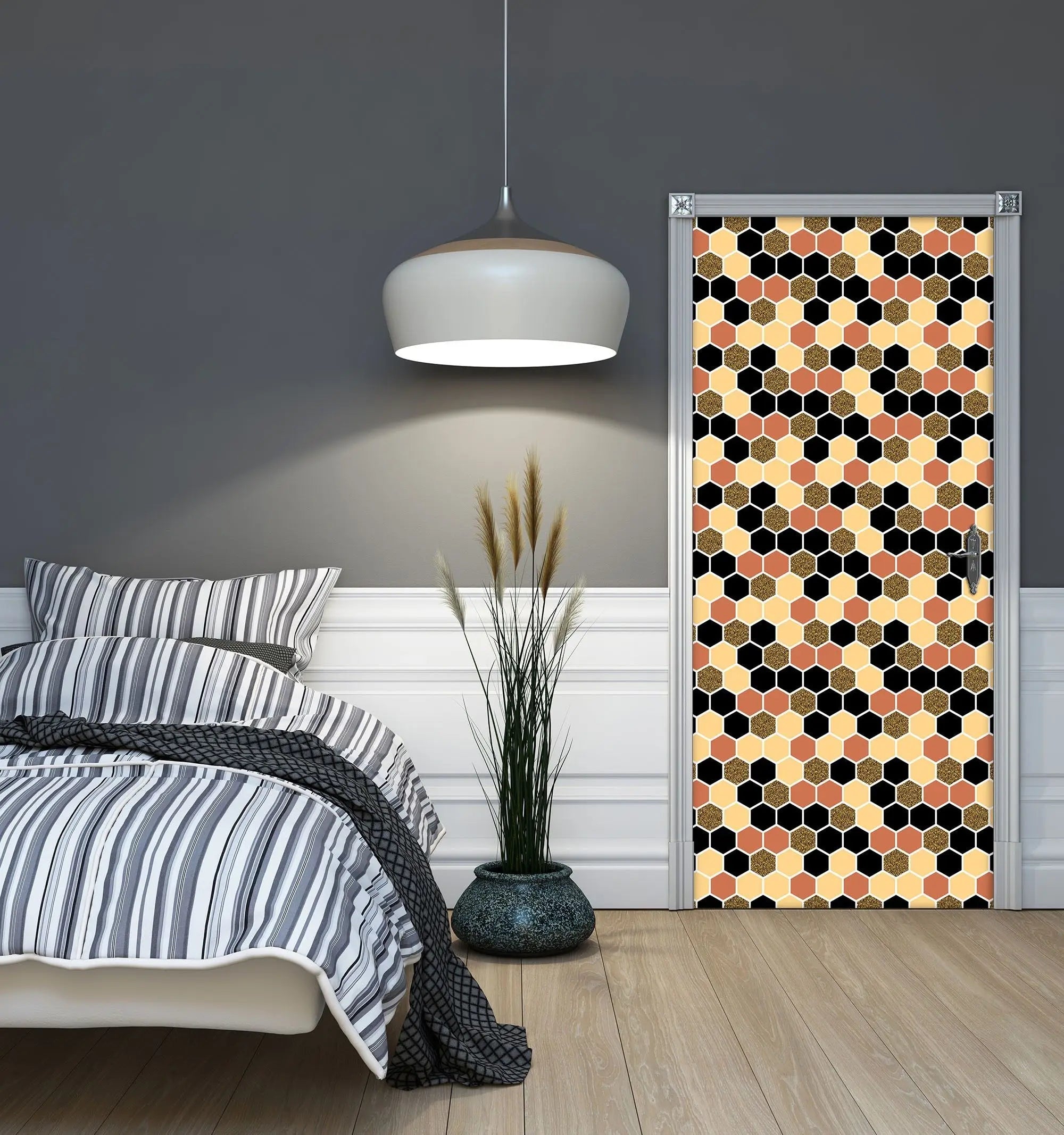 Billede 3 af Fototapet - Sekskantet mønster i sort, beige og brun med glimmer