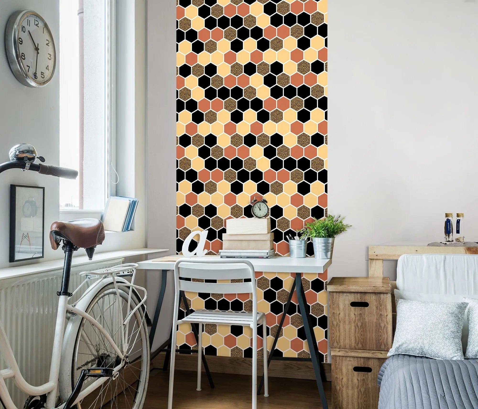 Billede 4 af Fototapet - Sekskantet mønster i sort, beige og brun med glimmer