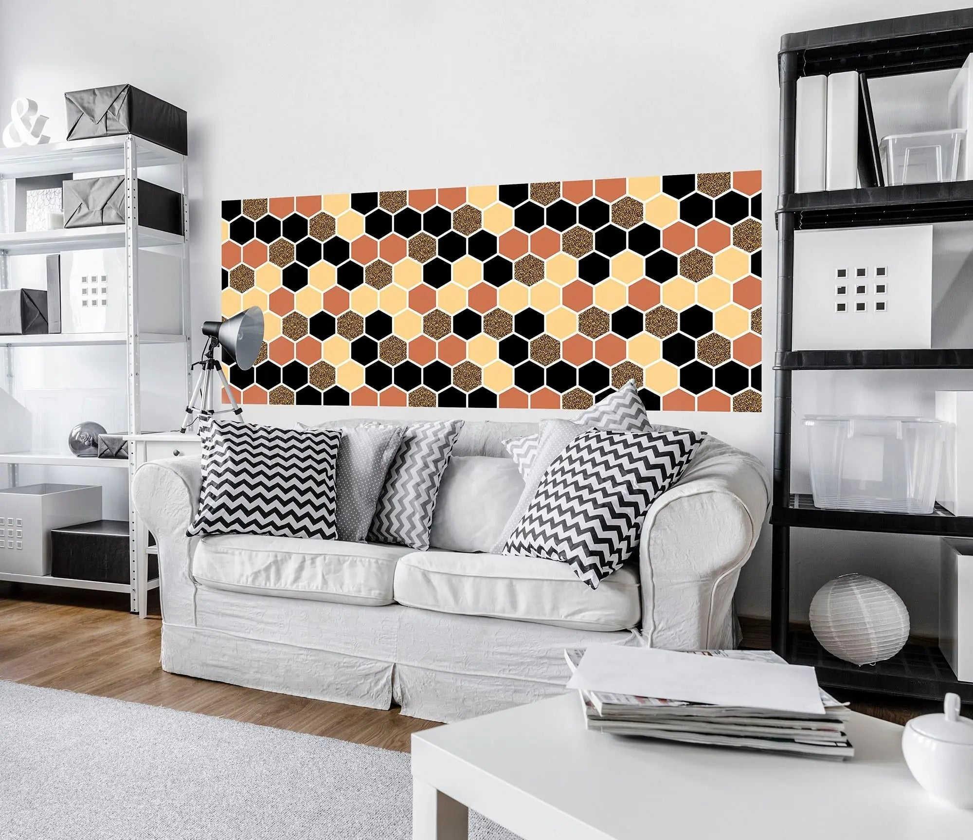 Billede 5 af Fototapet - Sekskantet mønster i sort, beige og brun med glimmer